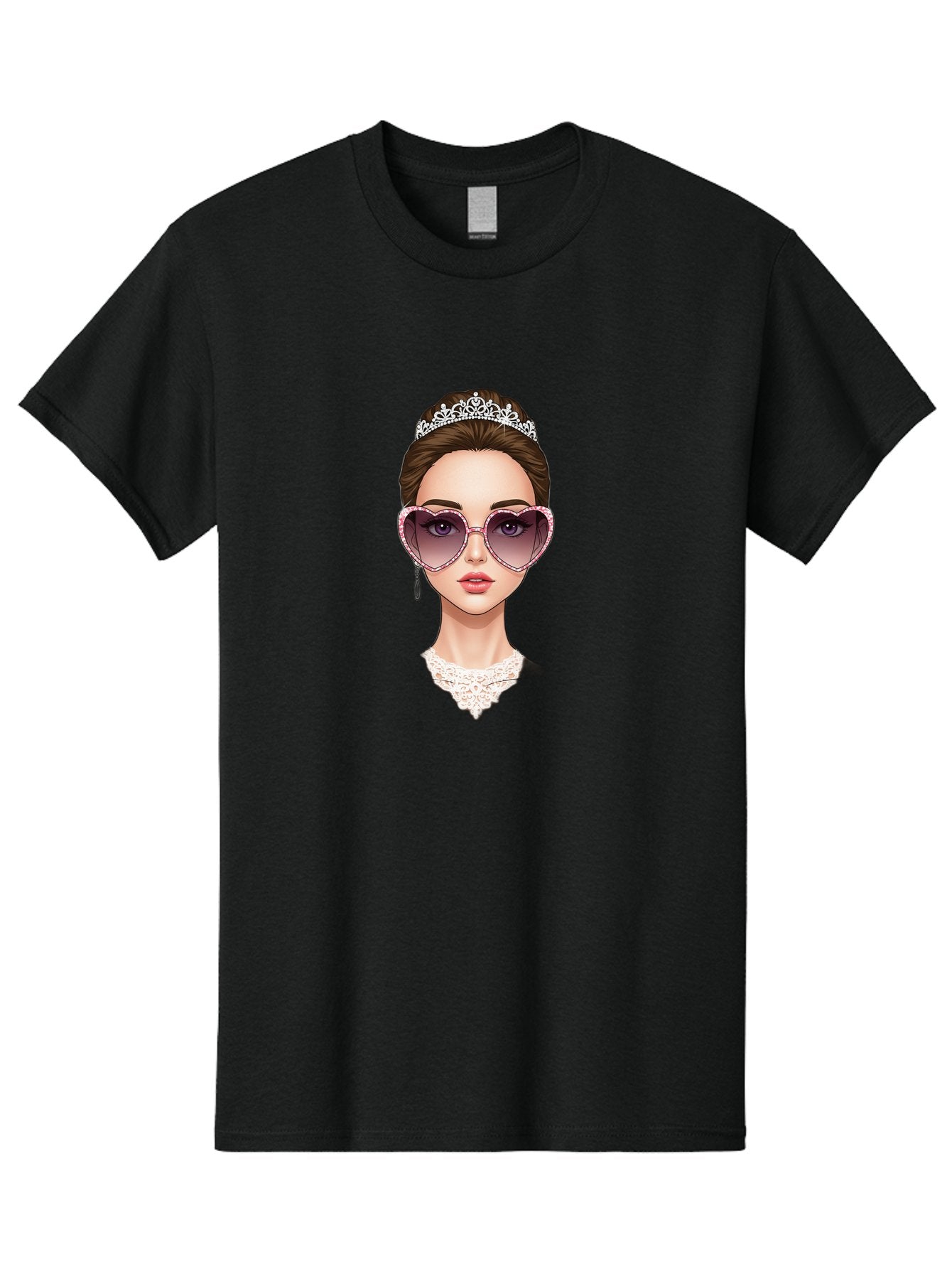 Tiara-Girl Men'S Graphic Tee, 100% Cotton, Comfortable Casual Summer Wear, Machine Washable, Princess Illustration, Heart-Shaped Sunglasses, Tiara Accessory, Elegant Jewelry, Fashionable Woman, Trendy Eyewear, Glamorous Style, Bab536 3