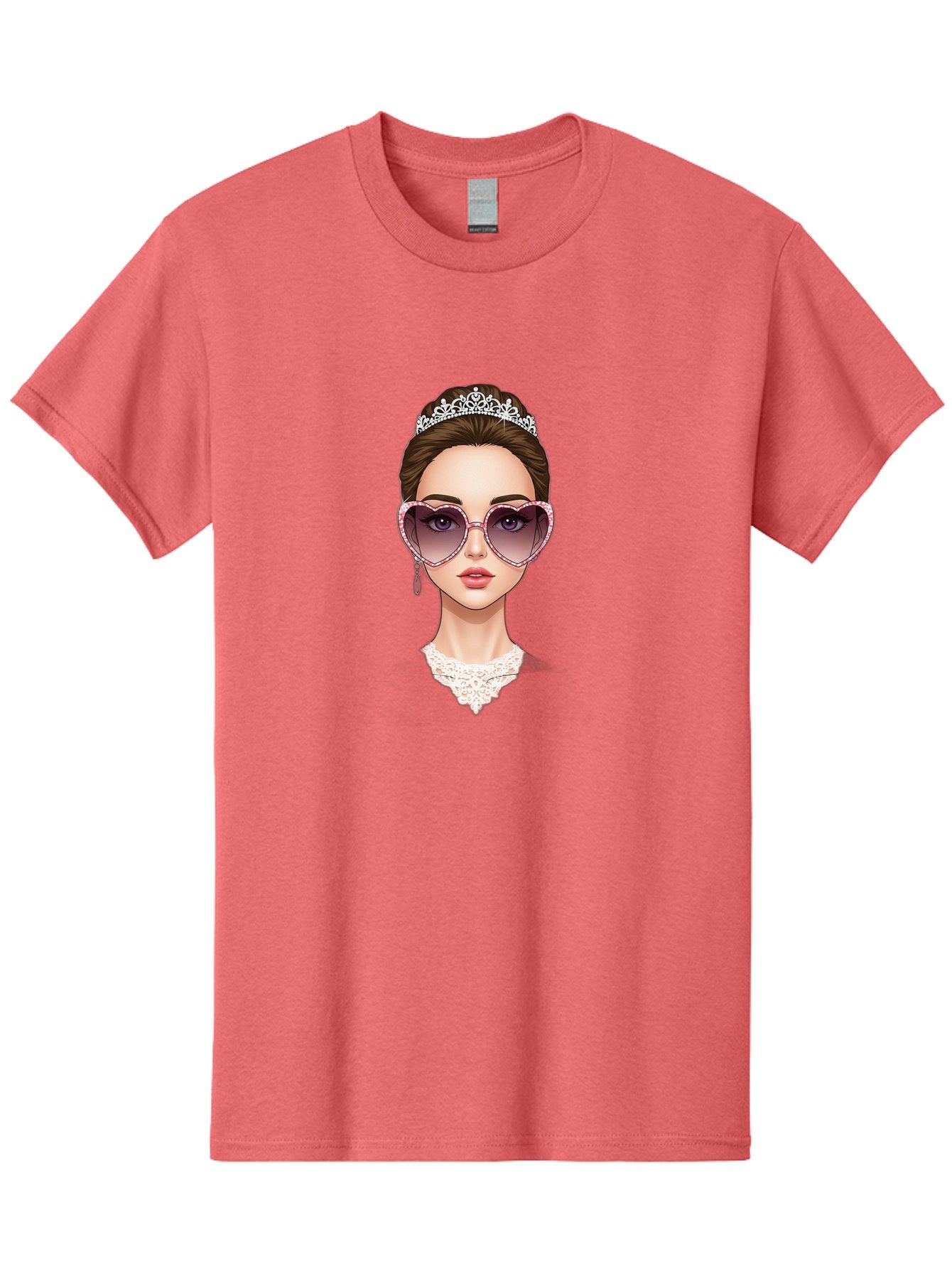 Tiara-Girl Men'S Graphic Tee, 100% Cotton, Comfortable Casual Summer Wear, Machine Washable, Princess Illustration, Heart-Shaped Sunglasses, Tiara Accessory, Elegant Jewelry, Fashionable Woman, Trendy Eyewear, Glamorous Style, Bab536