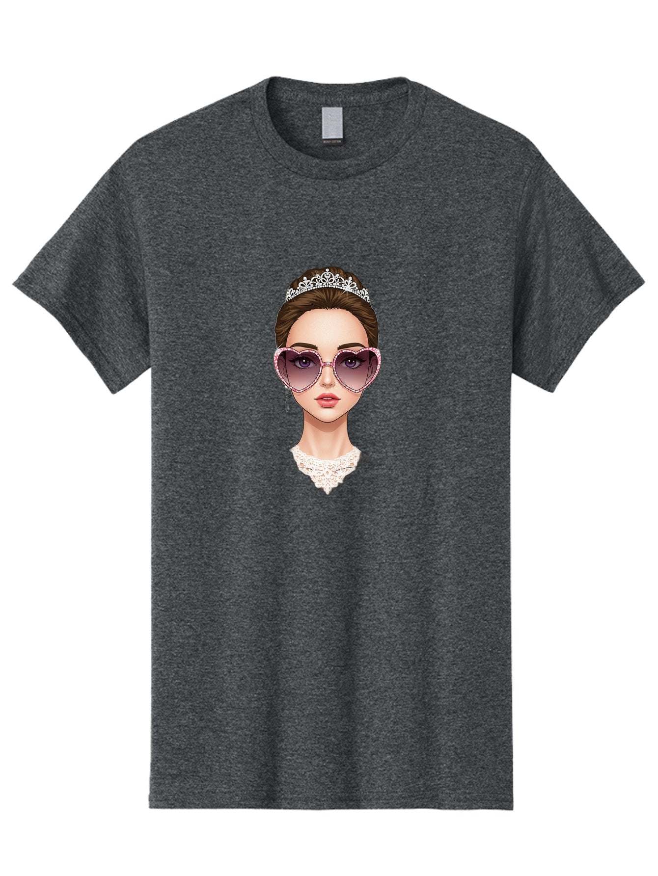 Tiara-Girl Men'S Graphic Tee, 100% Cotton, Comfortable Casual Summer Wear, Machine Washable, Princess Illustration, Heart-Shaped Sunglasses, Tiara Accessory, Elegant Jewelry, Fashionable Woman, Trendy Eyewear, Glamorous Style, Bab536 6