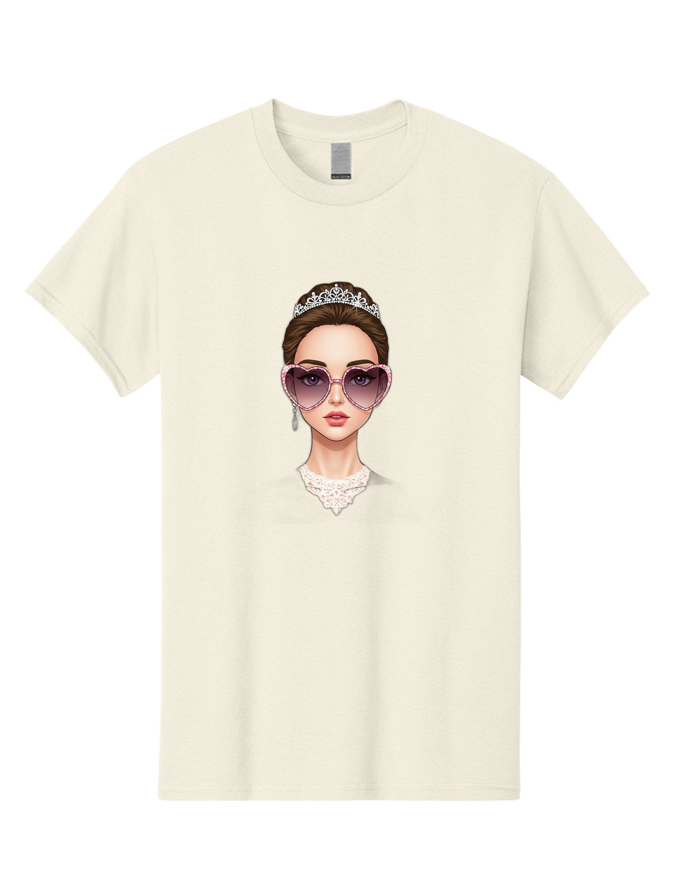 Tiara-Girl Men'S Graphic Tee, 100% Cotton, Comfortable Casual Summer Wear, Machine Washable, Princess Illustration, Heart-Shaped Sunglasses, Tiara Accessory, Elegant Jewelry, Fashionable Woman, Trendy Eyewear, Glamorous Style, Bab536 9