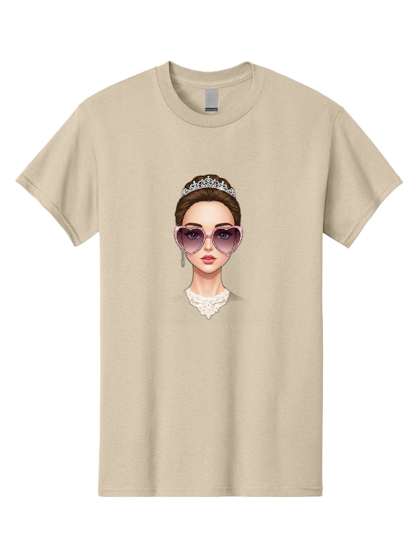 Tiara-Girl Men'S Graphic Tee, 100% Cotton, Comfortable Casual Summer Wear, Machine Washable, Princess Illustration, Heart-Shaped Sunglasses, Tiara Accessory, Elegant Jewelry, Fashionable Woman, Trendy Eyewear, Glamorous Style, Bab536