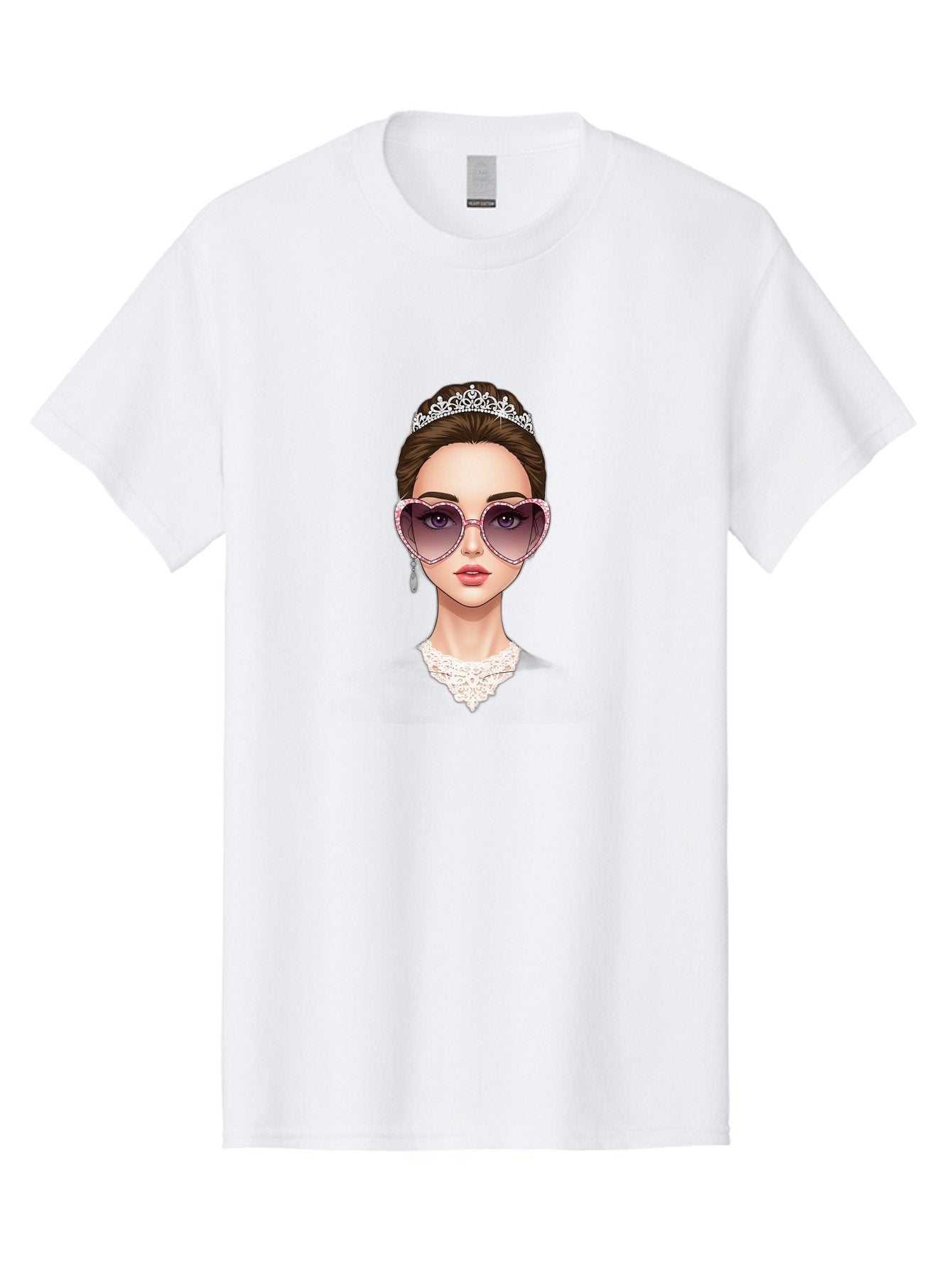 Tiara-Girl Men'S Graphic Tee, 100% Cotton, Comfortable Casual Summer Wear, Machine Washable, Princess Illustration, Heart-Shaped Sunglasses, Tiara Accessory, Elegant Jewelry, Fashionable Woman, Trendy Eyewear, Glamorous Style, Bab536 14
