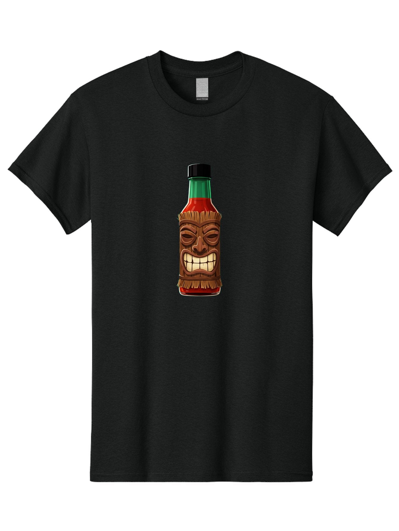 Tiki-Hot-Sauce Men'S Graphic Tee, 100% Cotton, Comfortable Casual Summer Wear, Machine Washable, Hot Sauce Bottle, Tiki Face, Wooden Mask, Cartoon Illustration, Spice Bottle, Condiment Packaging, Fiery Sauce, Humorous Design, Sauce Container Bab537 13