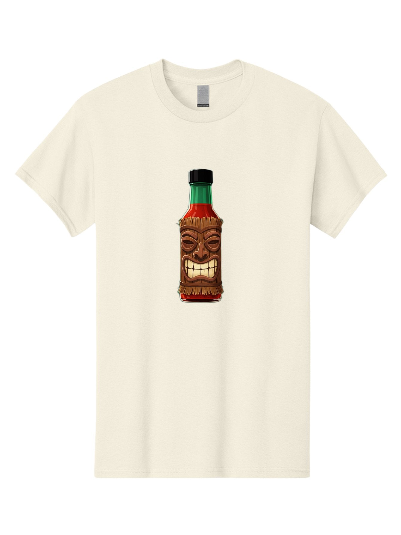 Tiki-Hot-Sauce Men'S Graphic Tee, 100% Cotton, Comfortable Casual Summer Wear, Machine Washable, Hot Sauce Bottle, Tiki Face, Wooden Mask, Cartoon Illustration, Spice Bottle, Condiment Packaging, Fiery Sauce, Humorous Design, Sauce Container Bab537