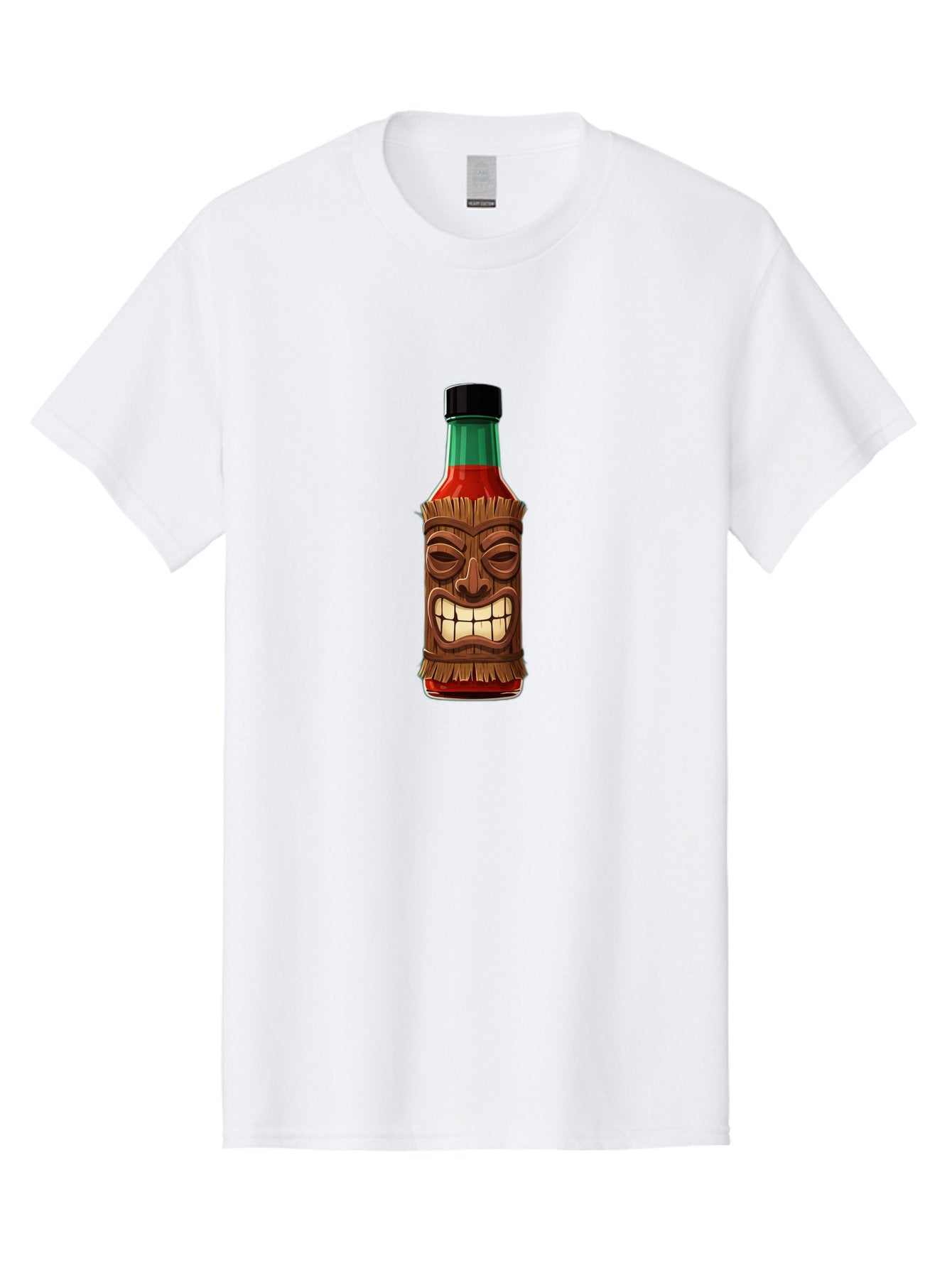 Tiki-Hot-Sauce Men'S Graphic Tee, 100% Cotton, Comfortable Casual Summer Wear, Machine Washable, Hot Sauce Bottle, Tiki Face, Wooden Mask, Cartoon Illustration, Spice Bottle, Condiment Packaging, Fiery Sauce, Humorous Design, Sauce Container Bab537