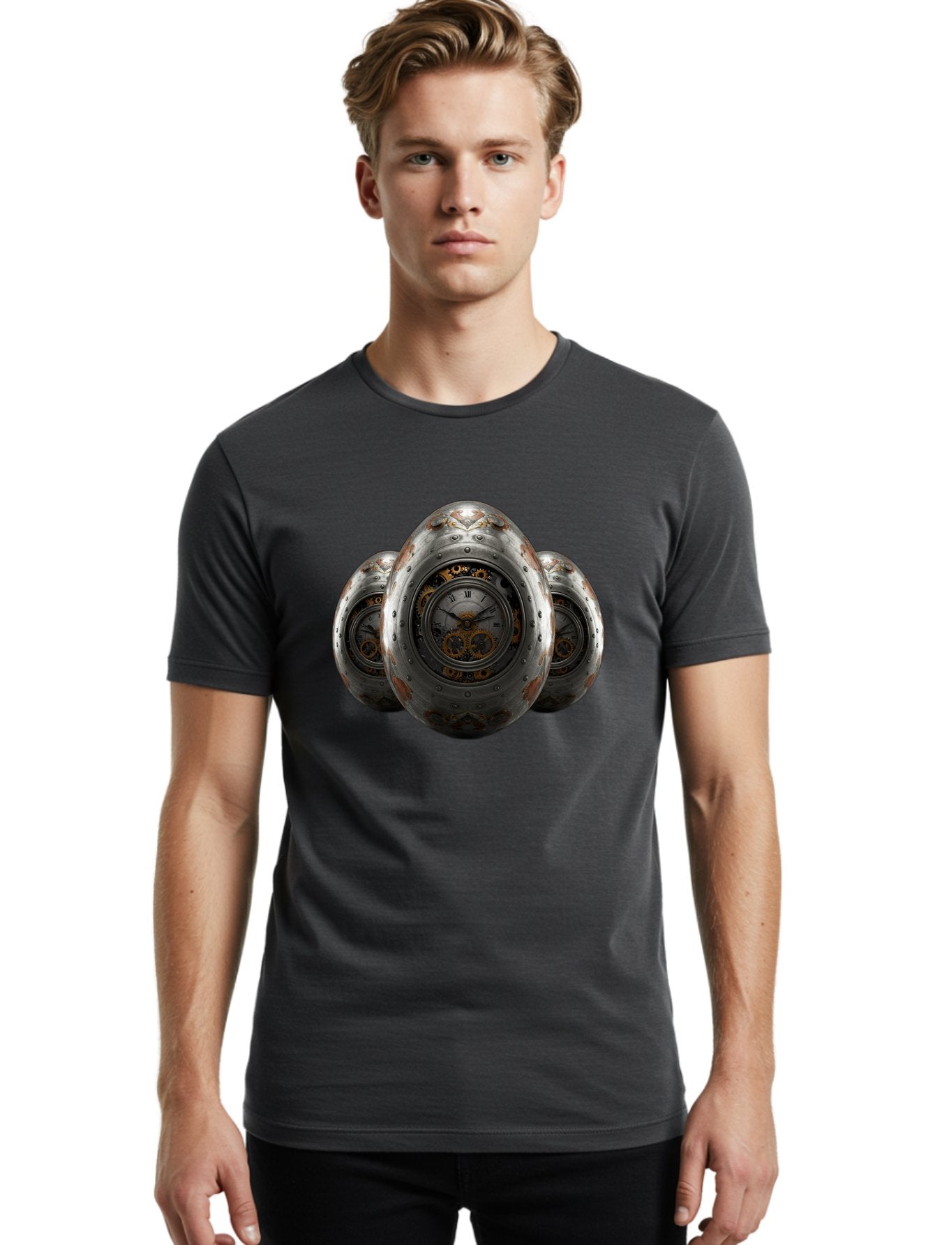 Time-Eggs Men'S Graphic Tee, 100% Cotton, Comfortable Casual Summer Wear, Machine Washable, Steampunk Eggs, Clockwork Eggs, Metal Eggs, Rusty Metal, Clock Face, Roman Numerals, Gear Mechanisms, Vintage Clockwork, Industrial Art, Bab538 29