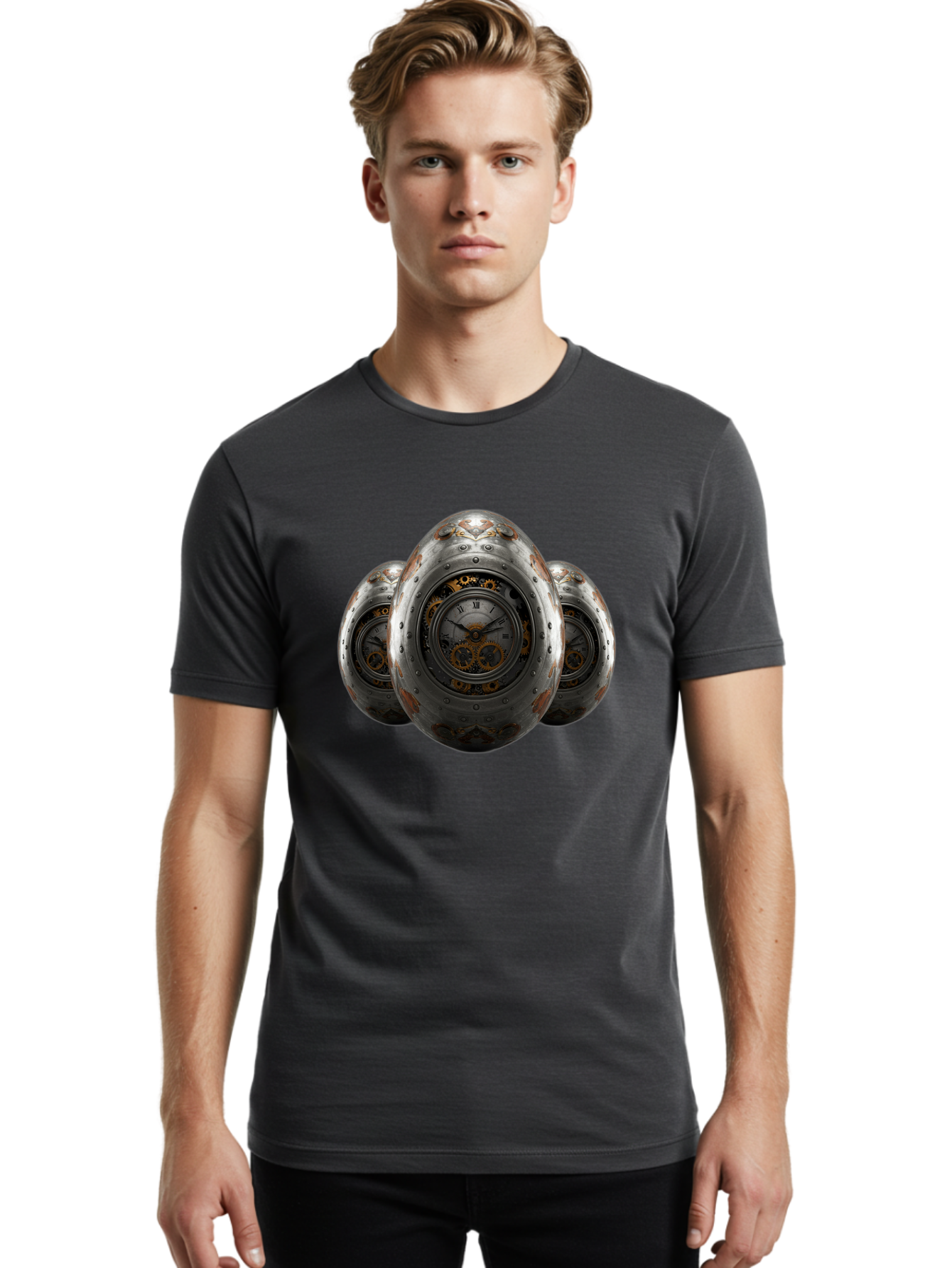 Time-Eggs Men'S Graphic Tee, 100% Cotton, Comfortable Casual Summer Wear, Machine Washable, Steampunk Eggs, Clockwork Eggs, Metal Eggs, Rusty Metal, Clock Face, Roman Numerals, Gear Mechanisms, Vintage Clockwork, Industrial Art, Bab538 17