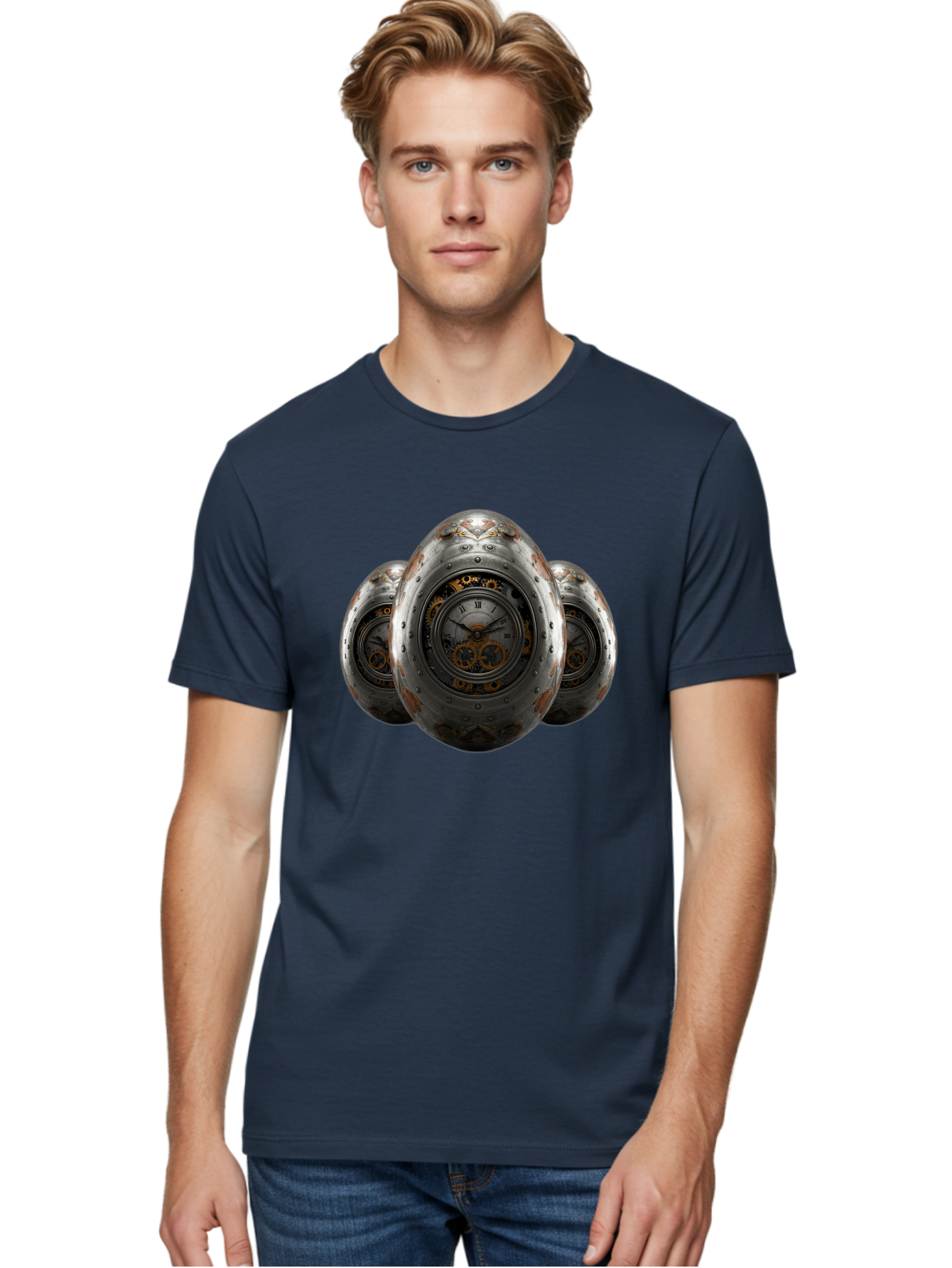 Time-Eggs Men'S Graphic Tee, 100% Cotton, Comfortable Casual Summer Wear, Machine Washable, Steampunk Eggs, Clockwork Eggs, Metal Eggs, Rusty Metal, Clock Face, Roman Numerals, Gear Mechanisms, Vintage Clockwork, Industrial Art, Bab538 25