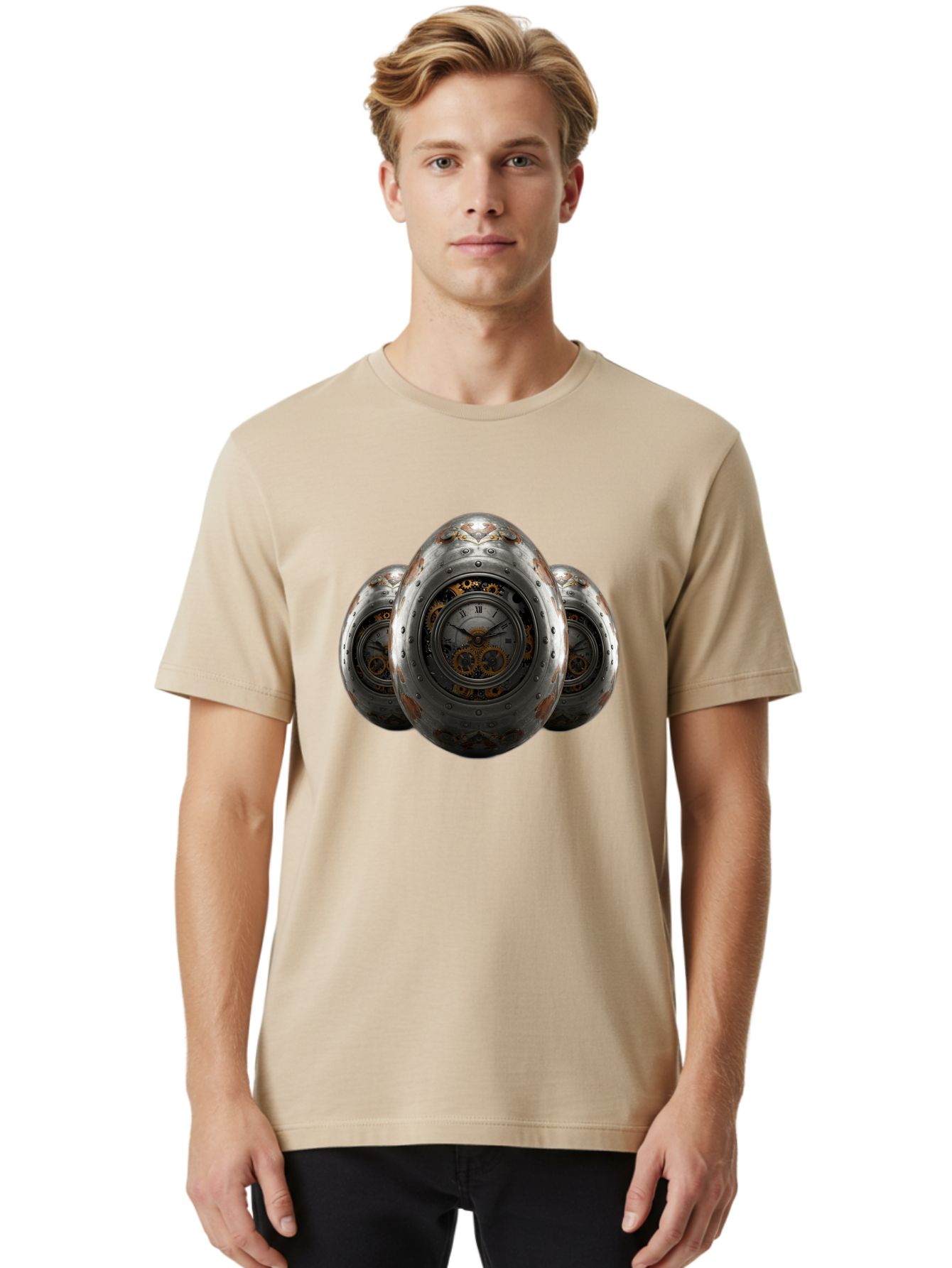 Time-Eggs Men'S Graphic Tee, 100% Cotton, Comfortable Casual Summer Wear, Machine Washable, Steampunk Eggs, Clockwork Eggs, Metal Eggs, Rusty Metal, Clock Face, Roman Numerals, Gear Mechanisms, Vintage Clockwork, Industrial Art, Bab538 30