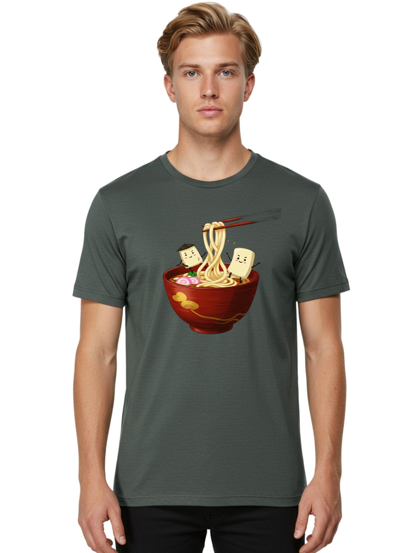 Tofu-And-Noodles Men'S Graphic Tee, 100% Cotton, Comfortable Casual Summer Wear, Machine Washable, Cartoon Tofu, Ramen Noodles, Chopsticks, Food Illustration, Japanese Cuisine, Animated Characters, Funny Scene, Noodle Bowl, Cartoon Food, Bab539 28
