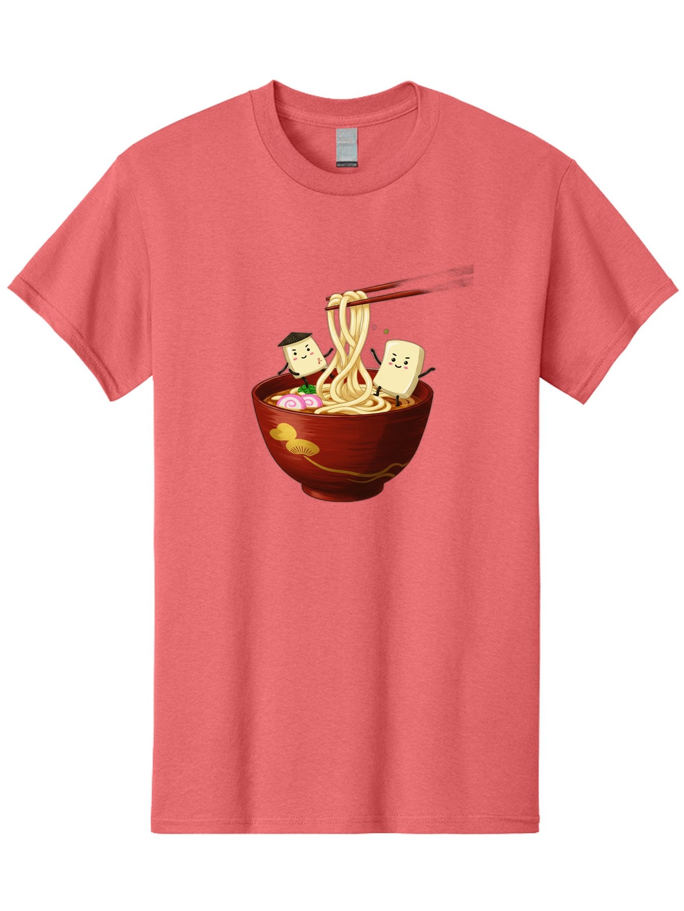 Tofu-And-Noodles Men'S Graphic Tee, 100% Cotton, Comfortable Casual Summer Wear, Machine Washable, Cartoon Tofu, Ramen Noodles, Chopsticks, Food Illustration, Japanese Cuisine, Animated Characters, Funny Scene, Noodle Bowl, Cartoon Food, Bab539
