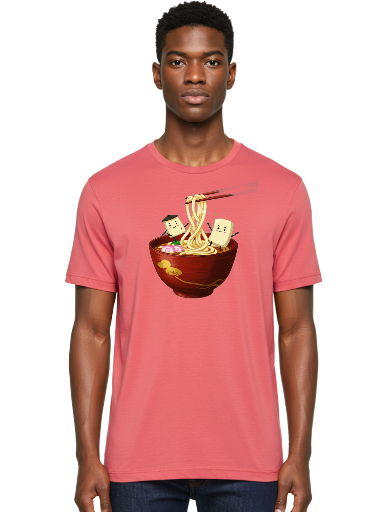 Tofu-And-Noodles Men'S Graphic Tee, 100% Cotton, Comfortable Casual Summer Wear, Machine Washable, Cartoon Tofu, Ramen Noodles, Chopsticks, Food Illustration, Japanese Cuisine, Animated Characters, Funny Scene, Noodle Bowl, Cartoon Food, Bab539 26