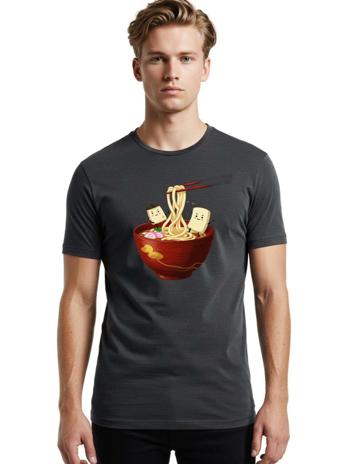 Tofu-And-Noodles Men'S Graphic Tee, 100% Cotton, Comfortable Casual Summer Wear, Machine Washable, Cartoon Tofu, Ramen Noodles, Chopsticks, Food Illustration, Japanese Cuisine, Animated Characters, Funny Scene, Noodle Bowl, Cartoon Food, Bab539 23