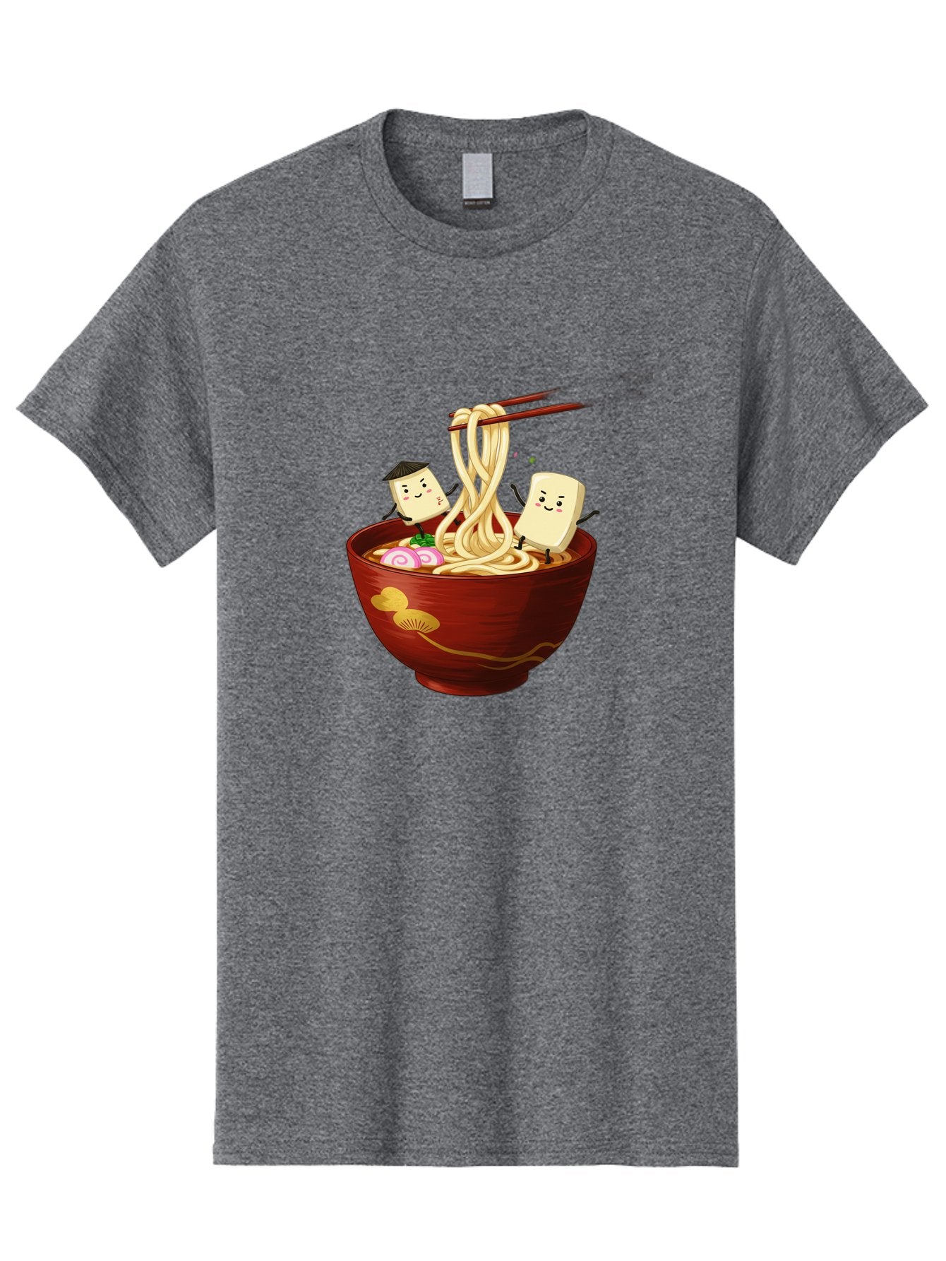 Tofu-And-Noodles Men'S Graphic Tee, 100% Cotton, Comfortable Casual Summer Wear, Machine Washable, Cartoon Tofu, Ramen Noodles, Chopsticks, Food Illustration, Japanese Cuisine, Animated Characters, Funny Scene, Noodle Bowl, Cartoon Food, Bab539