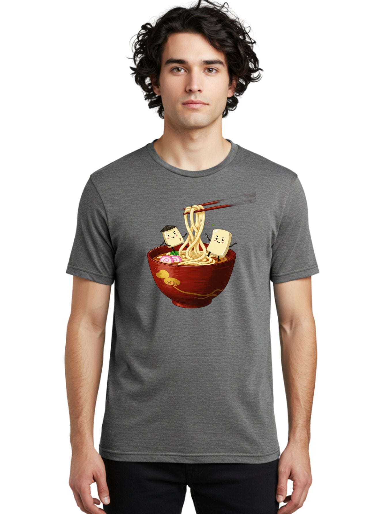Tofu-And-Noodles Men'S Graphic Tee, 100% Cotton, Comfortable Casual Summer Wear, Machine Washable, Cartoon Tofu, Ramen Noodles, Chopsticks, Food Illustration, Japanese Cuisine, Animated Characters, Funny Scene, Noodle Bowl, Cartoon Food, Bab539 21