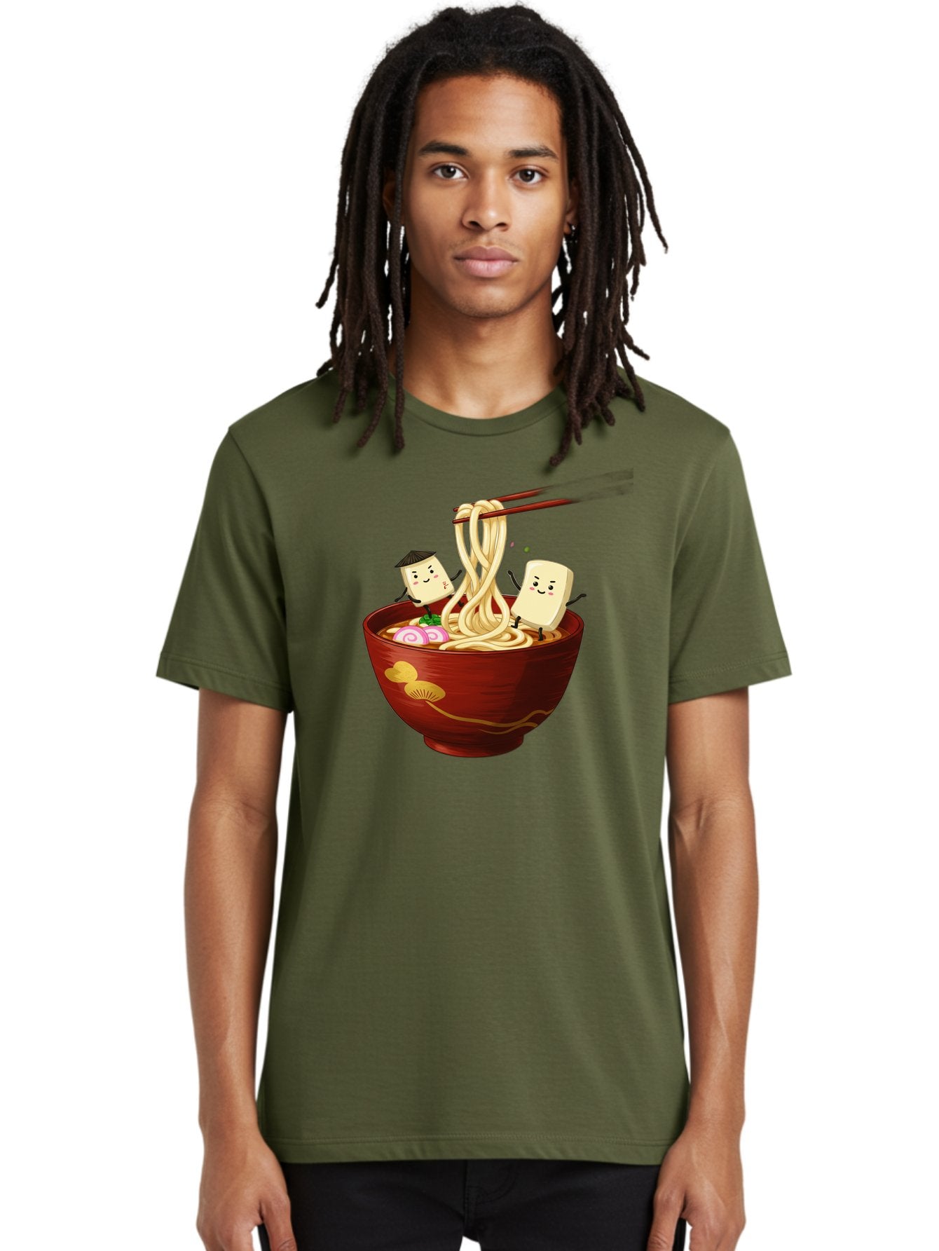 Tofu-And-Noodles Men'S Graphic Tee, 100% Cotton, Comfortable Casual Summer Wear, Machine Washable, Cartoon Tofu, Ramen Noodles, Chopsticks, Food Illustration, Japanese Cuisine, Animated Characters, Funny Scene, Noodle Bowl, Cartoon Food, Bab539 24