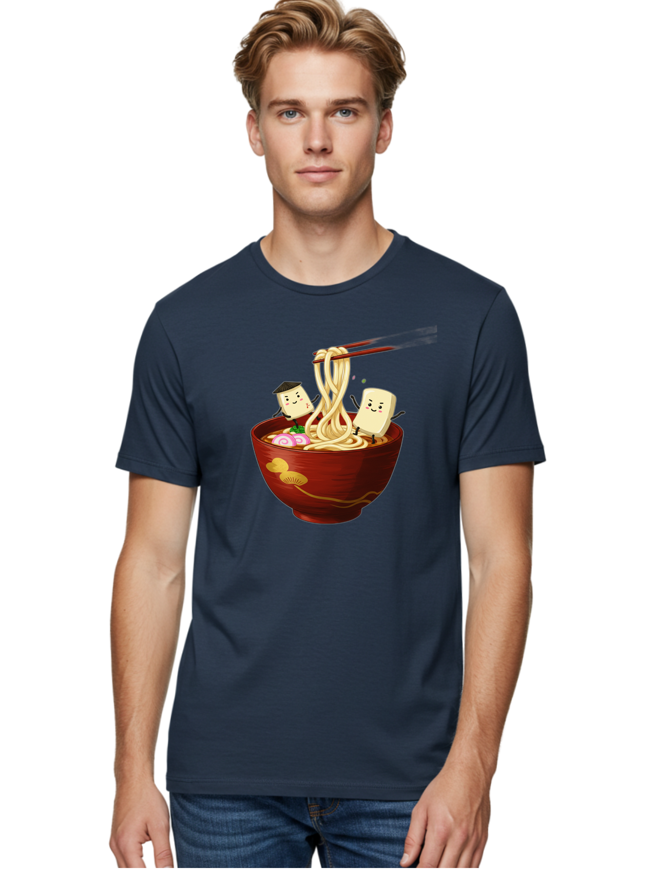 Tofu-And-Noodles Men'S Graphic Tee, 100% Cotton, Comfortable Casual Summer Wear, Machine Washable, Cartoon Tofu, Ramen Noodles, Chopsticks, Food Illustration, Japanese Cuisine, Animated Characters, Funny Scene, Noodle Bowl, Cartoon Food, Bab539 20