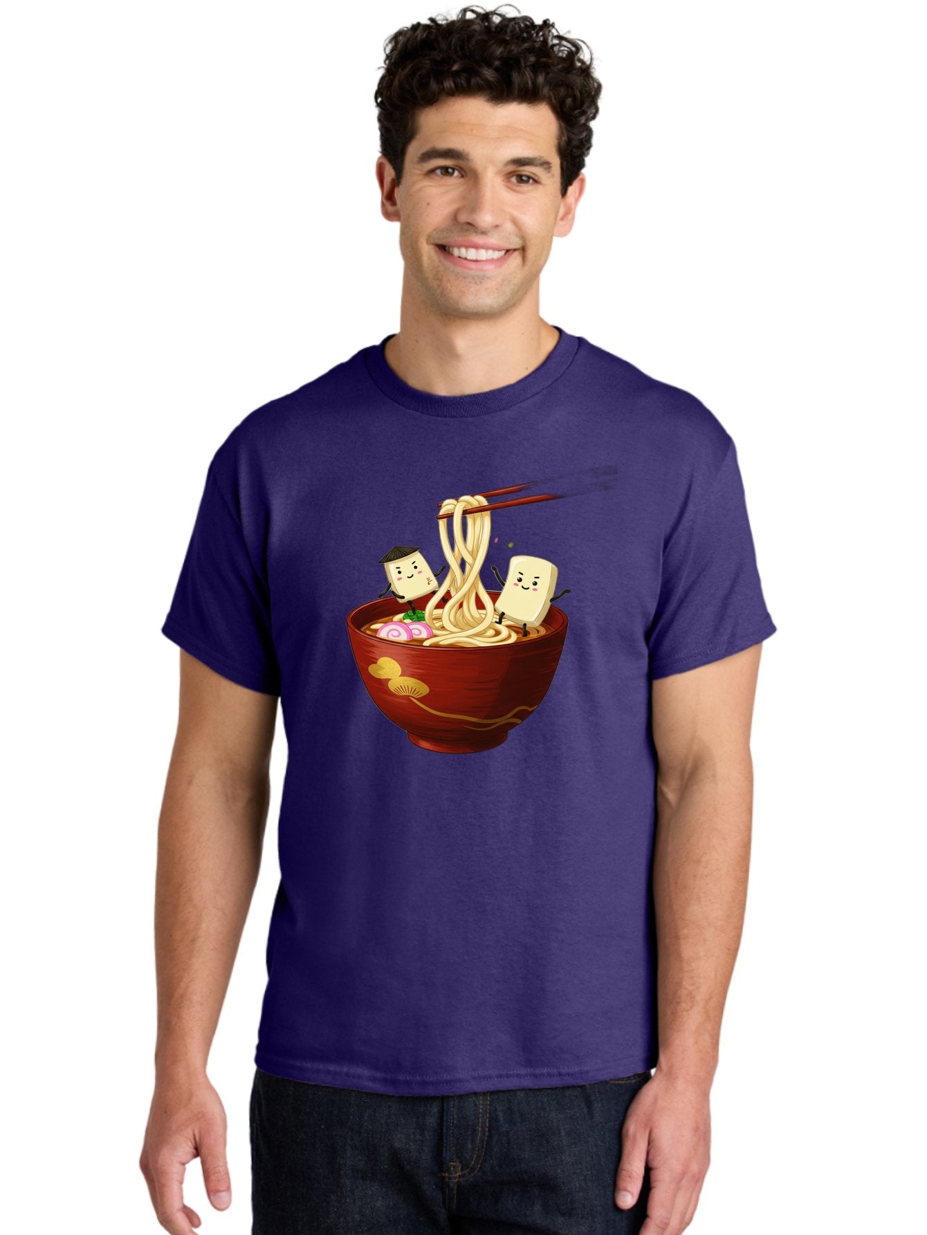 Tofu-And-Noodles Men'S Graphic Tee, 100% Cotton, Comfortable Casual Summer Wear, Machine Washable, Cartoon Tofu, Ramen Noodles, Chopsticks, Food Illustration, Japanese Cuisine, Animated Characters, Funny Scene, Noodle Bowl, Cartoon Food, Bab539 20