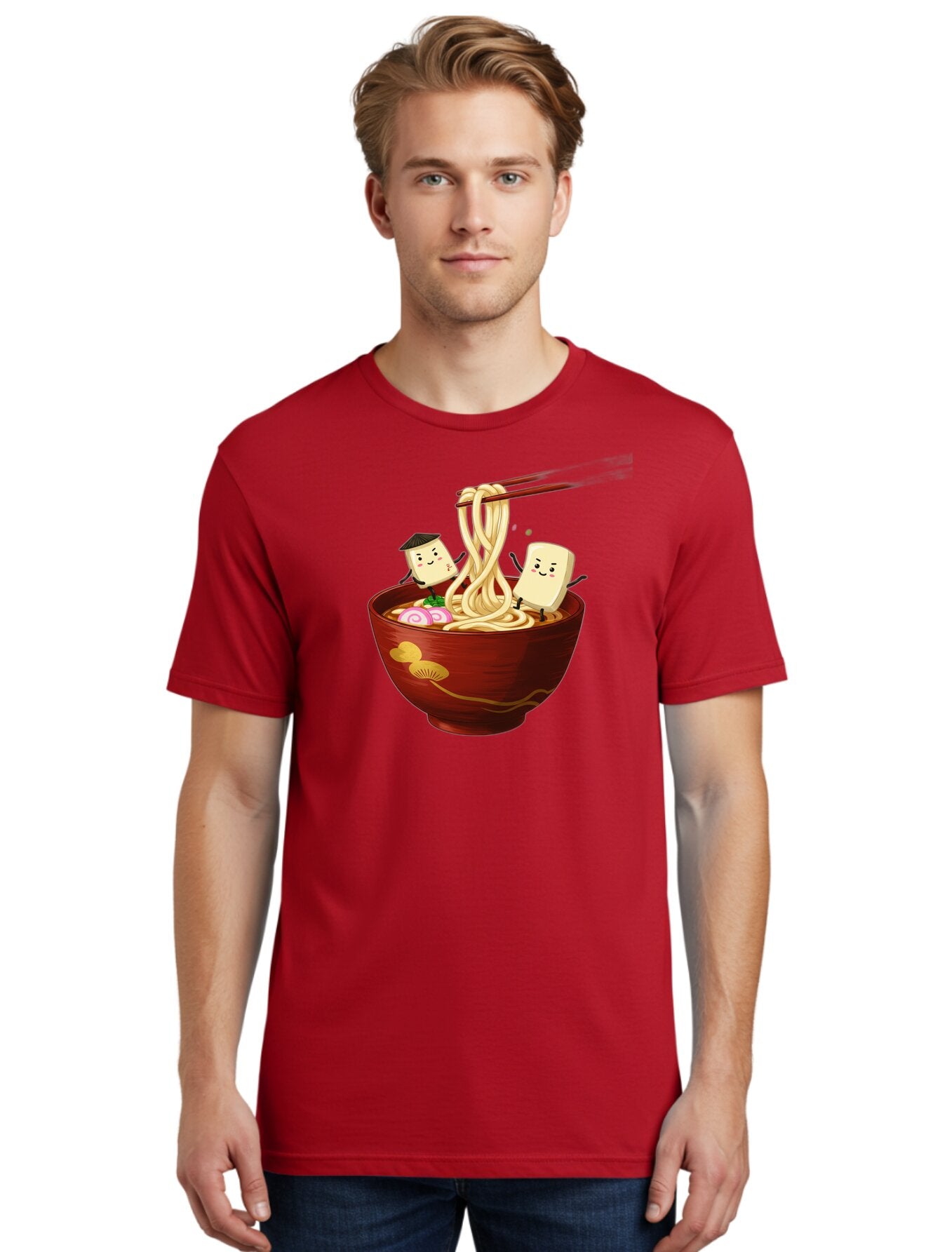 Tofu-And-Noodles Men'S Graphic Tee, 100% Cotton, Comfortable Casual Summer Wear, Machine Washable, Cartoon Tofu, Ramen Noodles, Chopsticks, Food Illustration, Japanese Cuisine, Animated Characters, Funny Scene, Noodle Bowl, Cartoon Food, Bab539 29