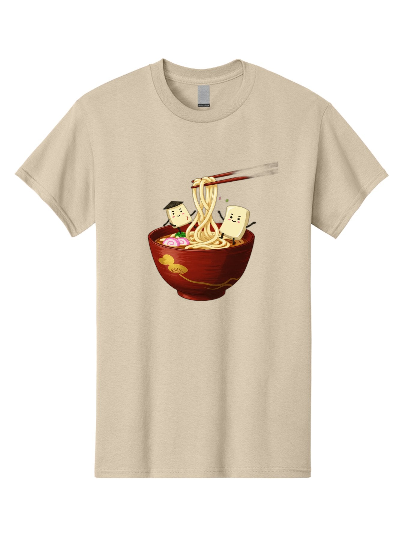 Tofu-And-Noodles Men'S Graphic Tee, 100% Cotton, Comfortable Casual Summer Wear, Machine Washable, Cartoon Tofu, Ramen Noodles, Chopsticks, Food Illustration, Japanese Cuisine, Animated Characters, Funny Scene, Noodle Bowl, Cartoon Food, Bab539 4