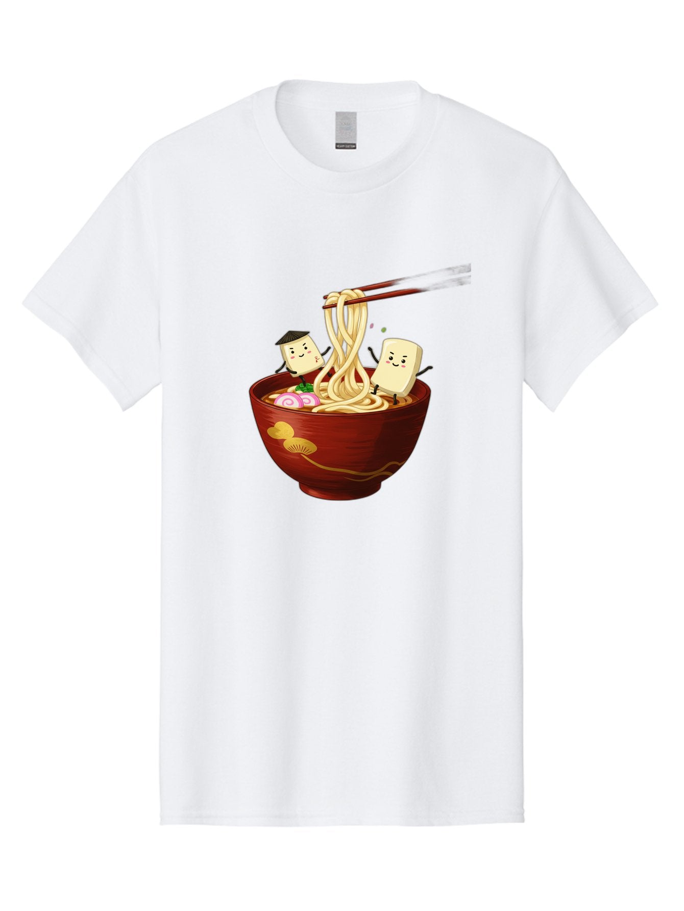 Tofu-And-Noodles Men'S Graphic Tee, 100% Cotton, Comfortable Casual Summer Wear, Machine Washable, Cartoon Tofu, Ramen Noodles, Chopsticks, Food Illustration, Japanese Cuisine, Animated Characters, Funny Scene, Noodle Bowl, Cartoon Food, Bab539 3