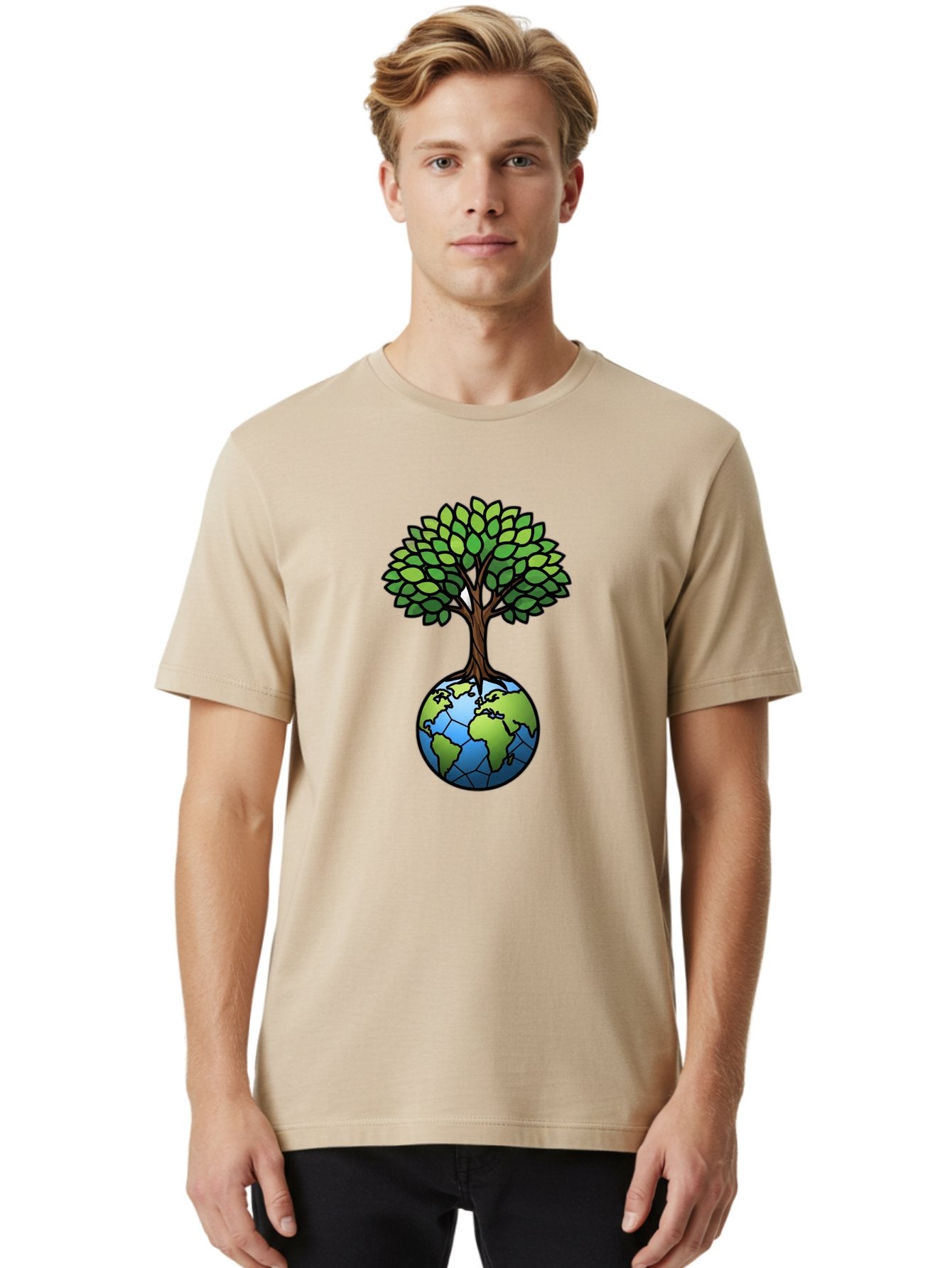 Tree-Growing-On-Globe Men'S Graphic Tee, 100% Cotton, Comfortable Casual Summer Wear, Machine Washable, Tree Growing From The Earth, Eco-Friendly Symbol, Environmental Conservation, Sustainable Living, Global Unity, Nature Preservation, Bab545 26