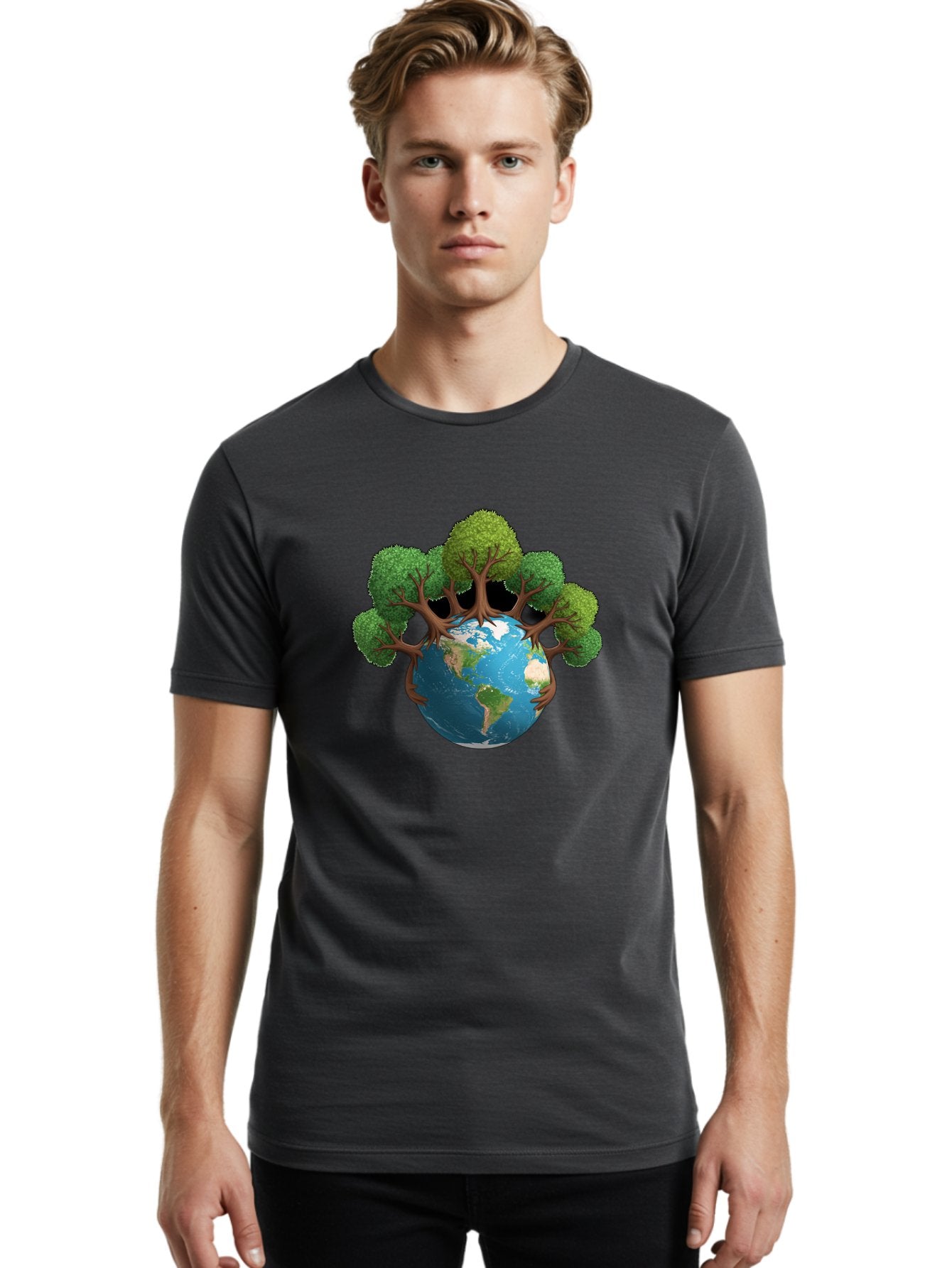Tree-Hugging-Earth Men'S Graphic Tee, 100% Cotton, Comfortable Casual Summer Wear, Machine Washable, Earth With Trees, Global Conservation, Environmental Protection, Eco Friendly, Nature Preservation, Sustainable Living, Green Initiatives, Bab546 27