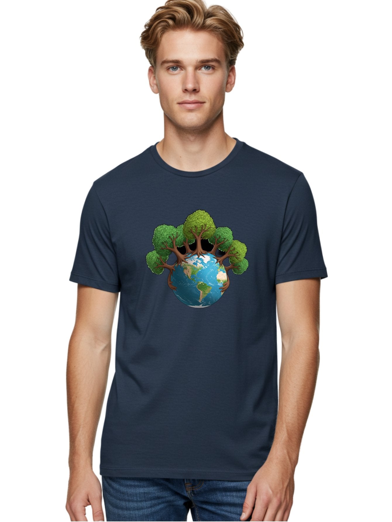 Tree-Hugging-Earth Men'S Graphic Tee, 100% Cotton, Comfortable Casual Summer Wear, Machine Washable, Earth With Trees, Global Conservation, Environmental Protection, Eco Friendly, Nature Preservation, Sustainable Living, Green Initiatives, Bab546 17