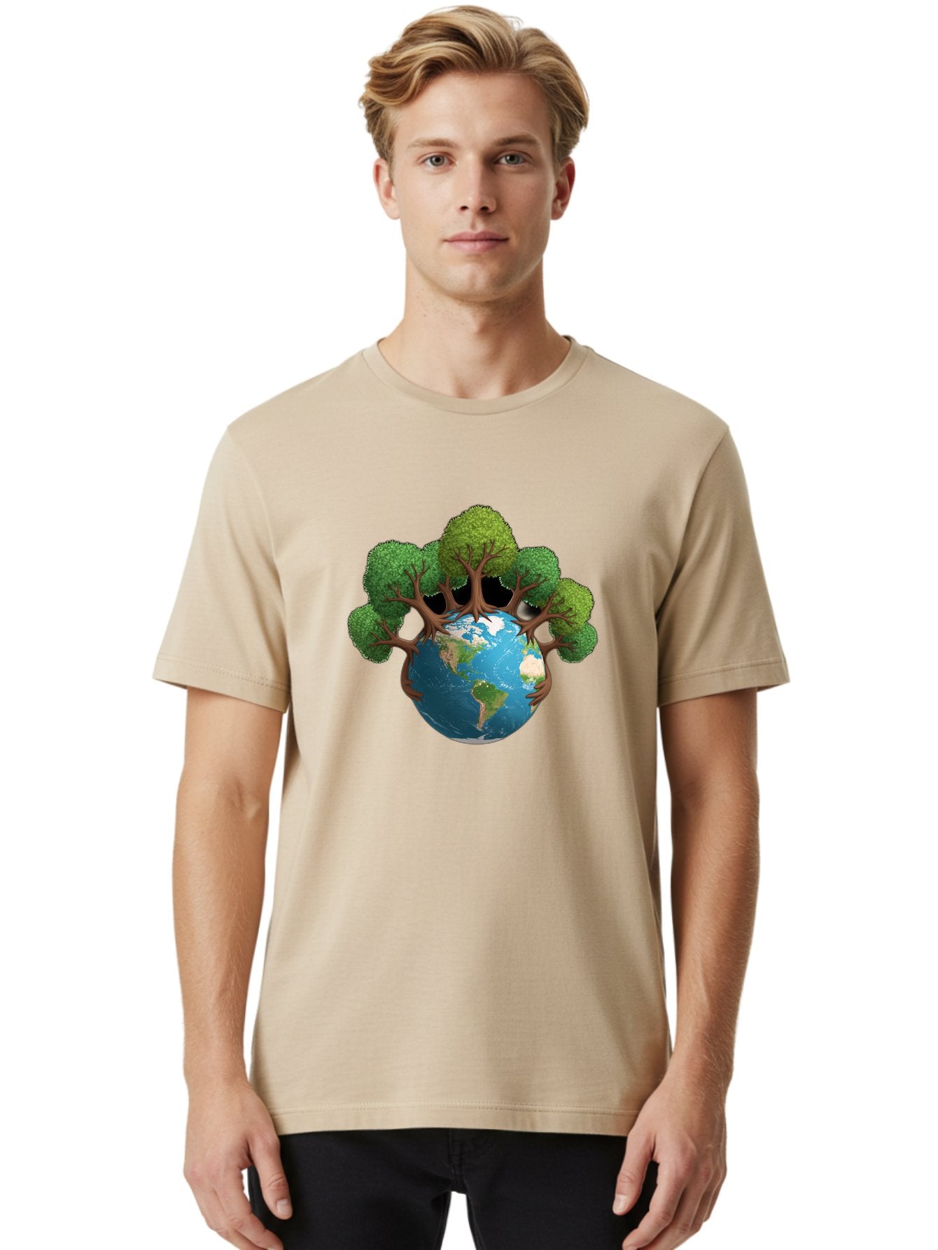 Tree-Hugging-Earth Men'S Graphic Tee, 100% Cotton, Comfortable Casual Summer Wear, Machine Washable, Earth With Trees, Global Conservation, Environmental Protection, Eco Friendly, Nature Preservation, Sustainable Living, Green Initiatives, Bab546 30