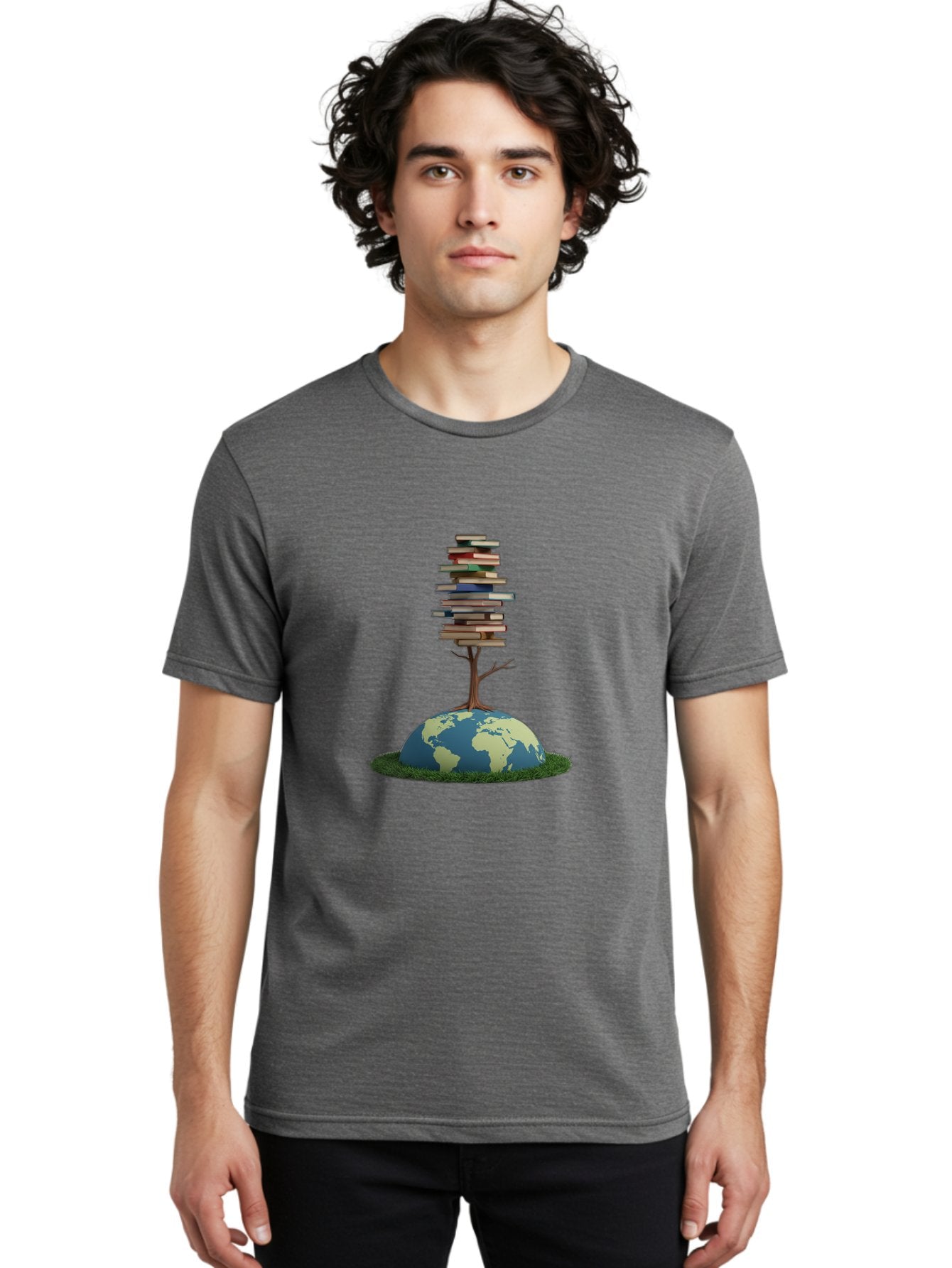 Tree-Of-Knowledge Men'S Graphic Tee, 100% Cotton, Comfortable Casual Summer Wear, Machine Washable, Globe With Tree, Stacked Books, Global Knowledge, Education Worldwide, Literary Diversity, World Unity, Intellectual Growth, Tree Of Knowledge Bab547 6