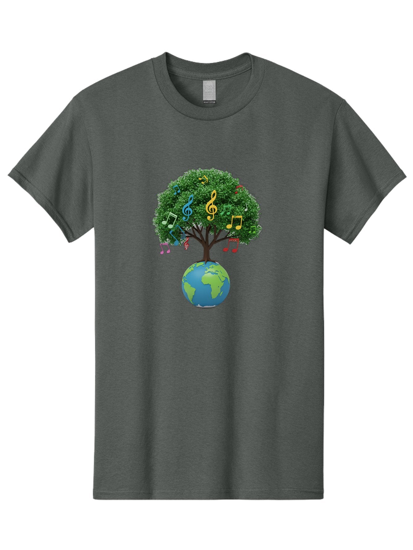 Tree-Of-Music Men'S Graphic Tee, 100% Cotton, Comfortable Casual Summer Wear, Machine Washable, Tree Growing Out Of The Earth, Global Unity, Music Notes, Treble Clefs, Harmony, World Music, Cultural Diversity, Environmentalism, Bab548