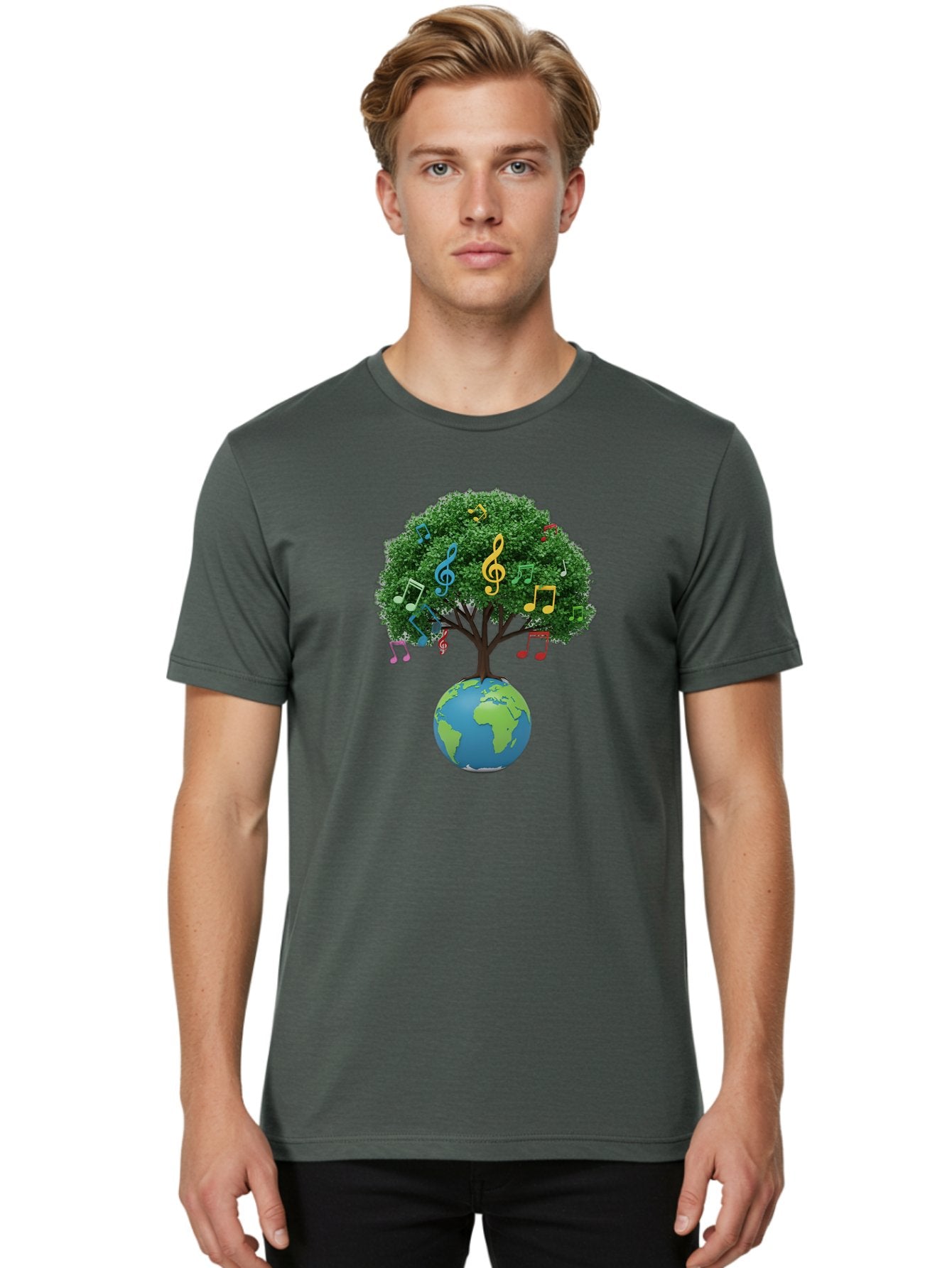Tree-Of-Music Men'S Graphic Tee, 100% Cotton, Comfortable Casual Summer Wear, Machine Washable, Tree Growing Out Of The Earth, Global Unity, Music Notes, Treble Clefs, Harmony, World Music, Cultural Diversity, Environmentalism, Bab548 19