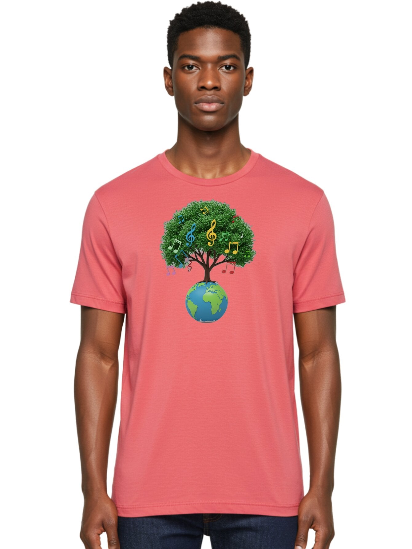Tree-Of-Music Men'S Graphic Tee, 100% Cotton, Comfortable Casual Summer Wear, Machine Washable, Tree Growing Out Of The Earth, Global Unity, Music Notes, Treble Clefs, Harmony, World Music, Cultural Diversity, Environmentalism, Bab548 18