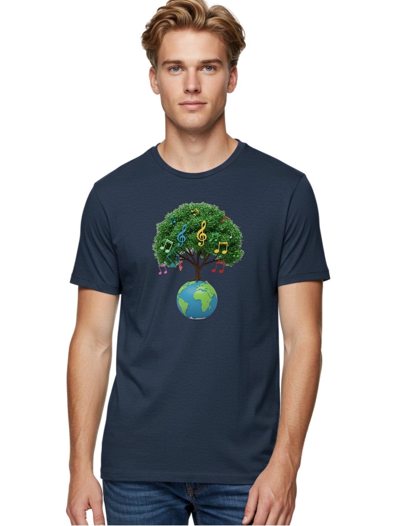 Tree-Of-Music Men'S Graphic Tee, 100% Cotton, Comfortable Casual Summer Wear, Machine Washable, Tree Growing Out Of The Earth, Global Unity, Music Notes, Treble Clefs, Harmony, World Music, Cultural Diversity, Environmentalism, Bab548 30