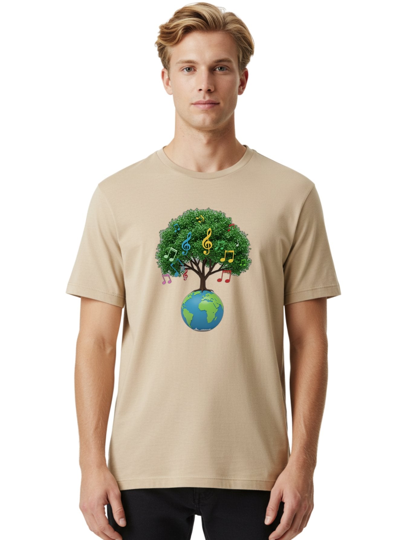 Tree-Of-Music Men'S Graphic Tee, 100% Cotton, Comfortable Casual Summer Wear, Machine Washable, Tree Growing Out Of The Earth, Global Unity, Music Notes, Treble Clefs, Harmony, World Music, Cultural Diversity, Environmentalism, Bab548 23