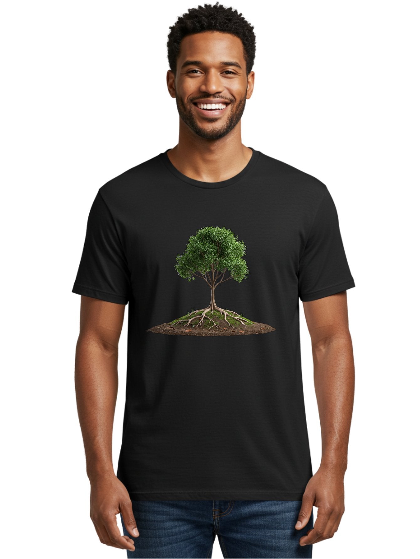 Tree-With-Exposed-Roots Men'S Graphic Tee, 100% Cotton, Comfortable Casual Summer Wear, Machine Washable, Tree With Exposed Roots, Green Leaves, Earthy Tones, Natural Scenery, Outdoor Landscape, Growth, Foliage, Branches, Trunk, Sprouts Bab550 23