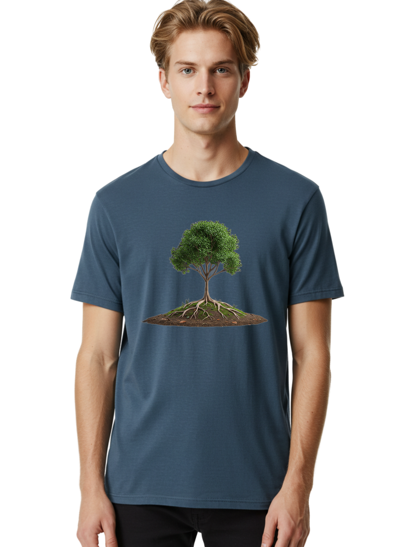 Tree-With-Exposed-Roots Men'S Graphic Tee, 100% Cotton, Comfortable Casual Summer Wear, Machine Washable, Tree With Exposed Roots, Green Leaves, Earthy Tones, Natural Scenery, Outdoor Landscape, Growth, Foliage, Branches, Trunk, Sprouts Bab550 21