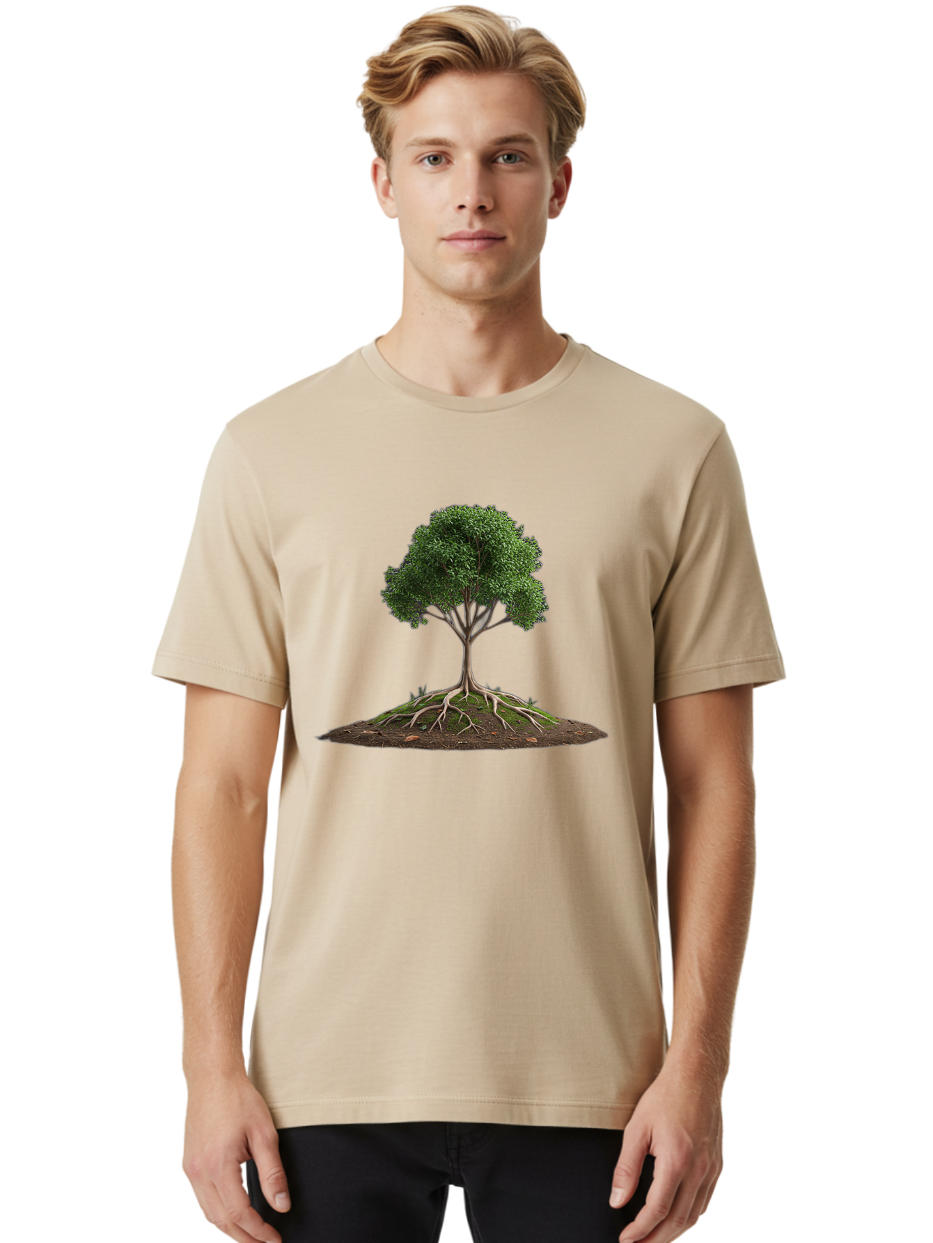 Tree-With-Exposed-Roots Men'S Graphic Tee, 100% Cotton, Comfortable Casual Summer Wear, Machine Washable, Tree With Exposed Roots, Green Leaves, Earthy Tones, Natural Scenery, Outdoor Landscape, Growth, Foliage, Branches, Trunk, Sprouts Bab550 24