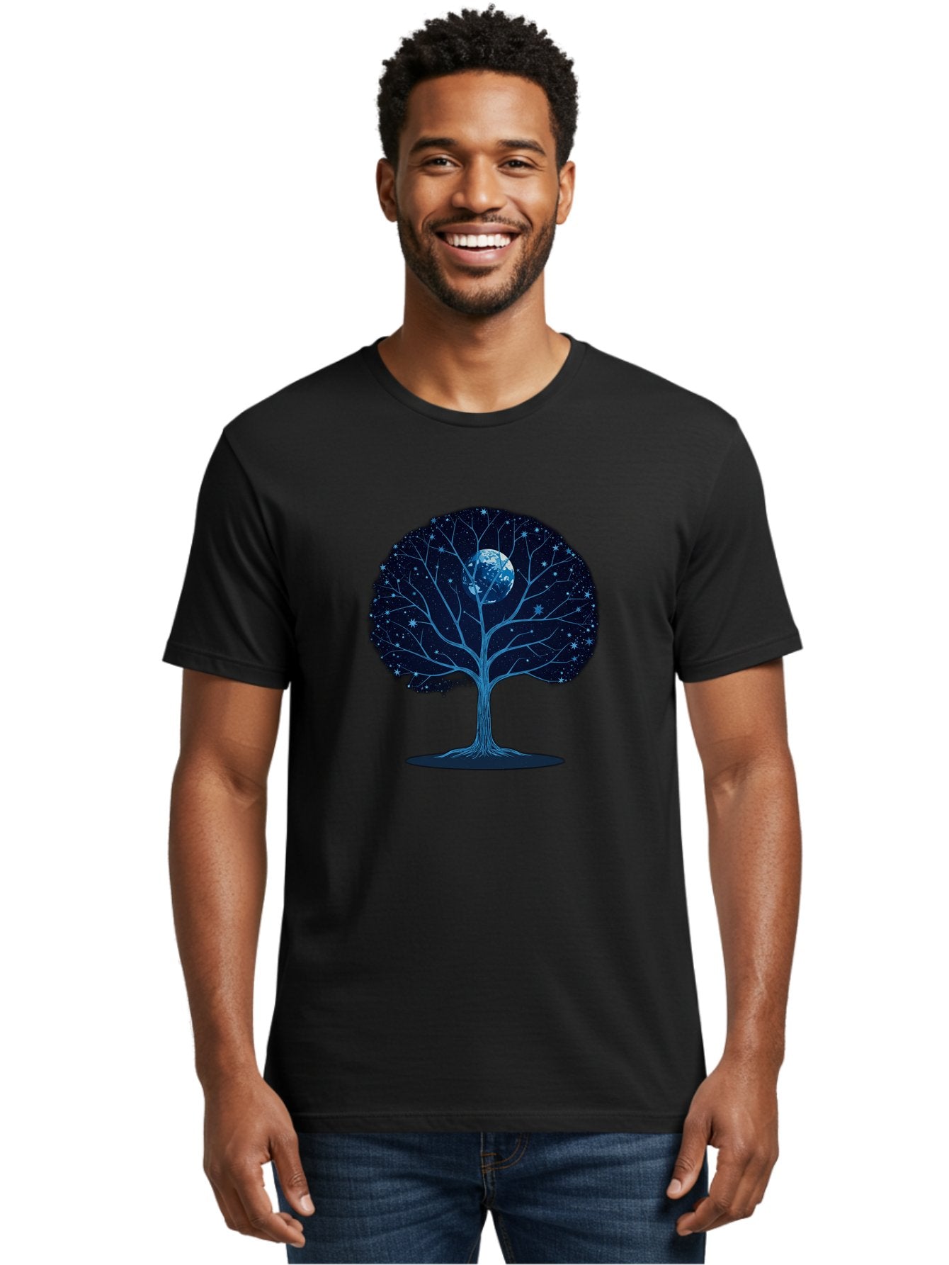 Tree-With-Moon Men'S Graphic Tee, 100% Cotton, Comfortable Casual Summer Wear, Machine Washable, Tree With Bare Branches, Full Moon In The Canopy, Night Sky, Starry Background, Spiritual Symbolism, Mystic Atmosphere, Celestial Body, Bab551 17