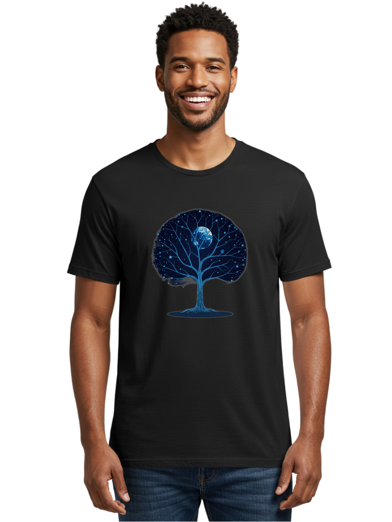 Tree-With-Moon Men'S Graphic Tee, 100% Cotton, Comfortable Casual Summer Wear, Machine Washable, Tree With Bare Branches, Full Moon In The Canopy, Night Sky, Starry Background, Spiritual Symbolism, Mystic Atmosphere, Celestial Body, Bab551 29