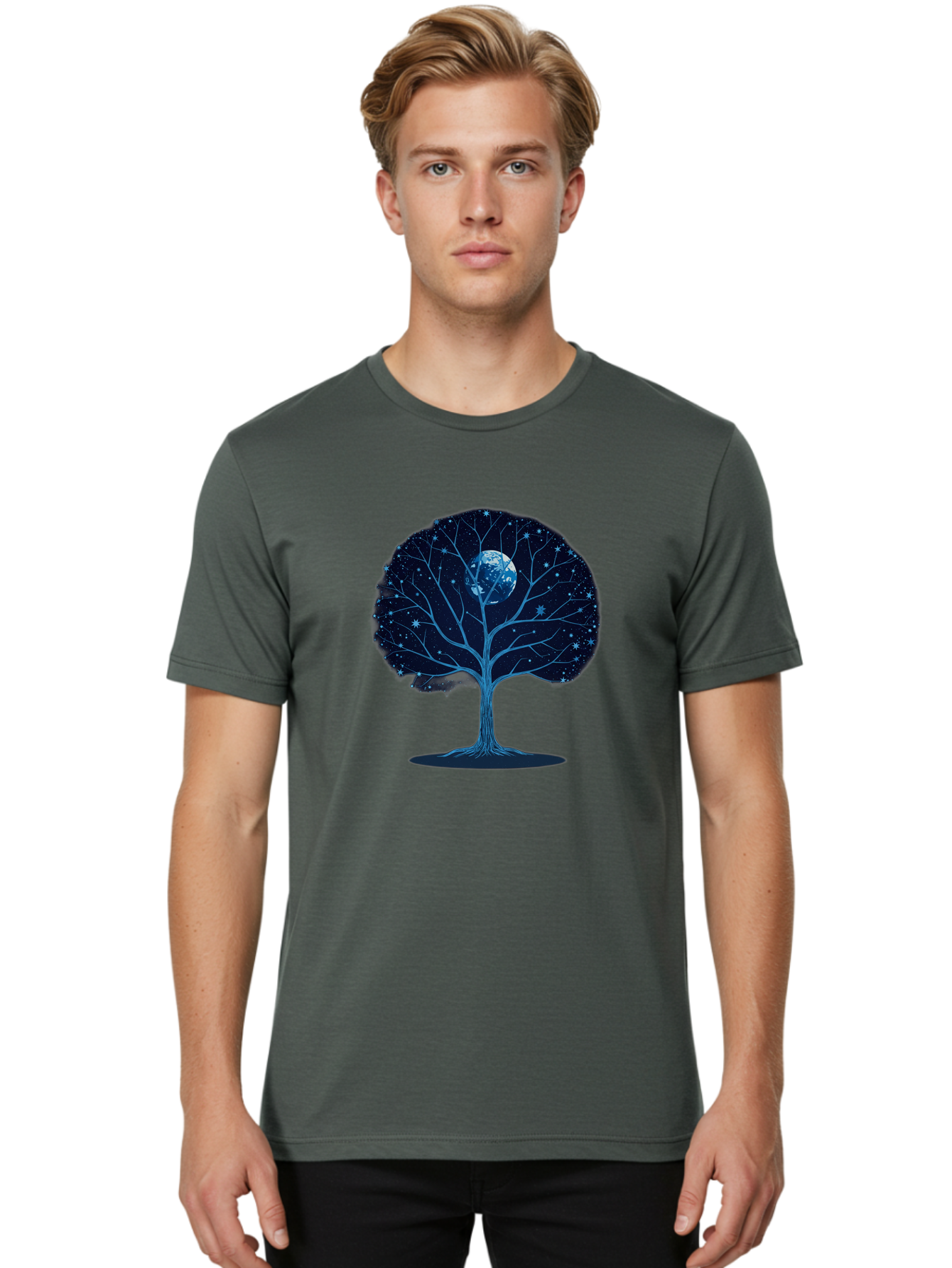 Tree-With-Moon Men'S Graphic Tee, 100% Cotton, Comfortable Casual Summer Wear, Machine Washable, Tree With Bare Branches, Full Moon In The Canopy, Night Sky, Starry Background, Spiritual Symbolism, Mystic Atmosphere, Celestial Body, Bab551 21