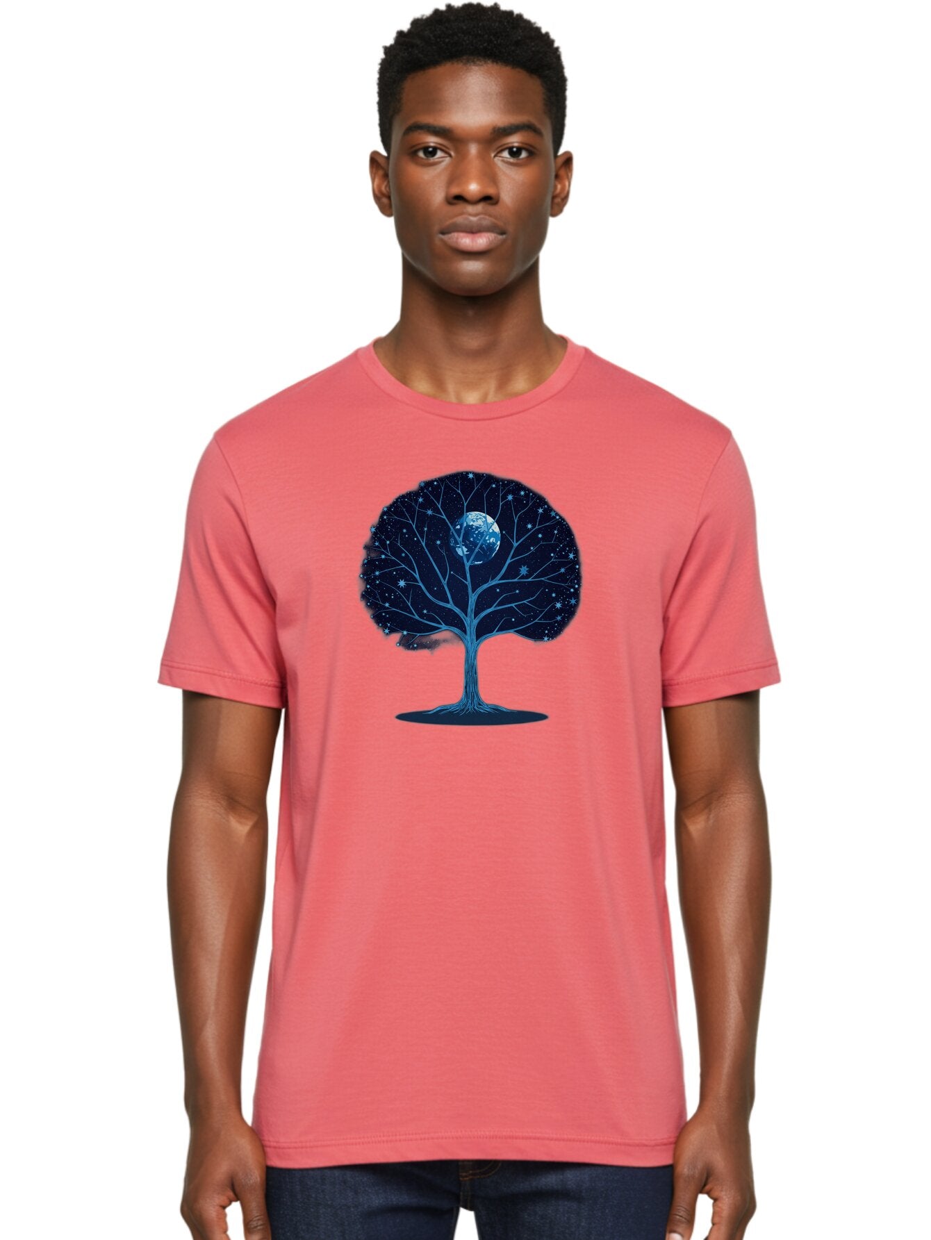 Tree-With-Moon Men'S Graphic Tee, 100% Cotton, Comfortable Casual Summer Wear, Machine Washable, Tree With Bare Branches, Full Moon In The Canopy, Night Sky, Starry Background, Spiritual Symbolism, Mystic Atmosphere, Celestial Body, Bab551 19