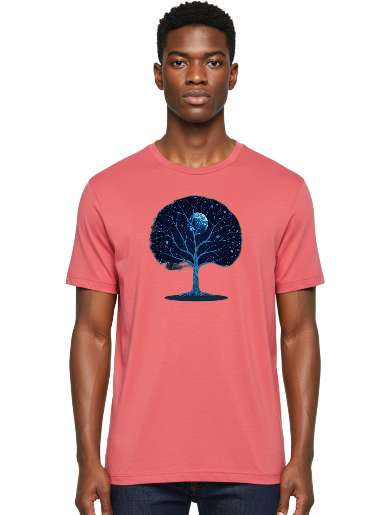 Tree-With-Moon Men'S Graphic Tee, 100% Cotton, Comfortable Casual Summer Wear, Machine Washable, Tree With Bare Branches, Full Moon In The Canopy, Night Sky, Starry Background, Spiritual Symbolism, Mystic Atmosphere, Celestial Body, Bab551 26