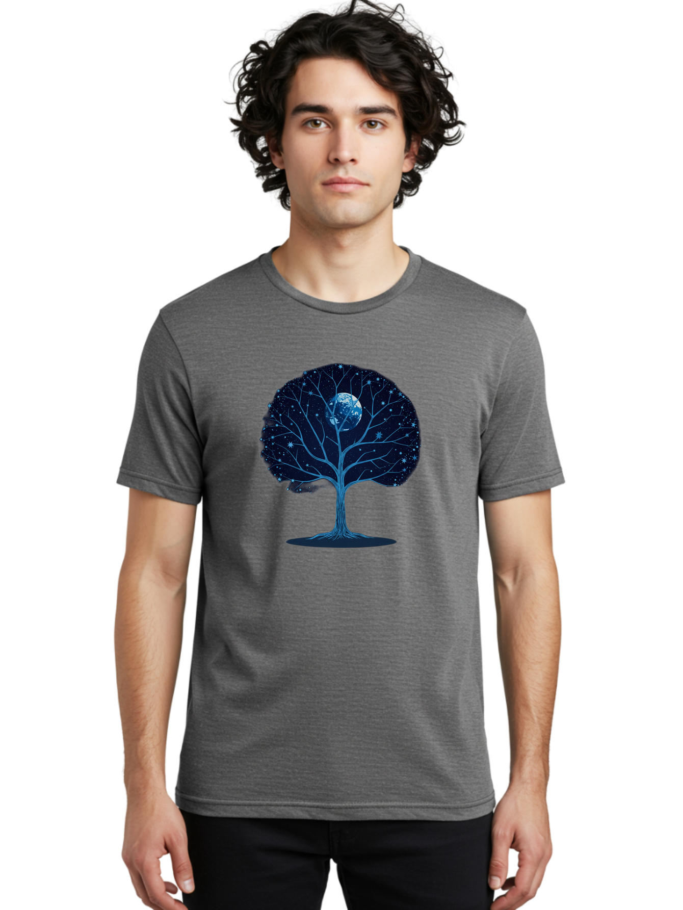 Tree-With-Moon Men'S Graphic Tee, 100% Cotton, Comfortable Casual Summer Wear, Machine Washable, Tree With Bare Branches, Full Moon In The Canopy, Night Sky, Starry Background, Spiritual Symbolism, Mystic Atmosphere, Celestial Body, Bab551 22
