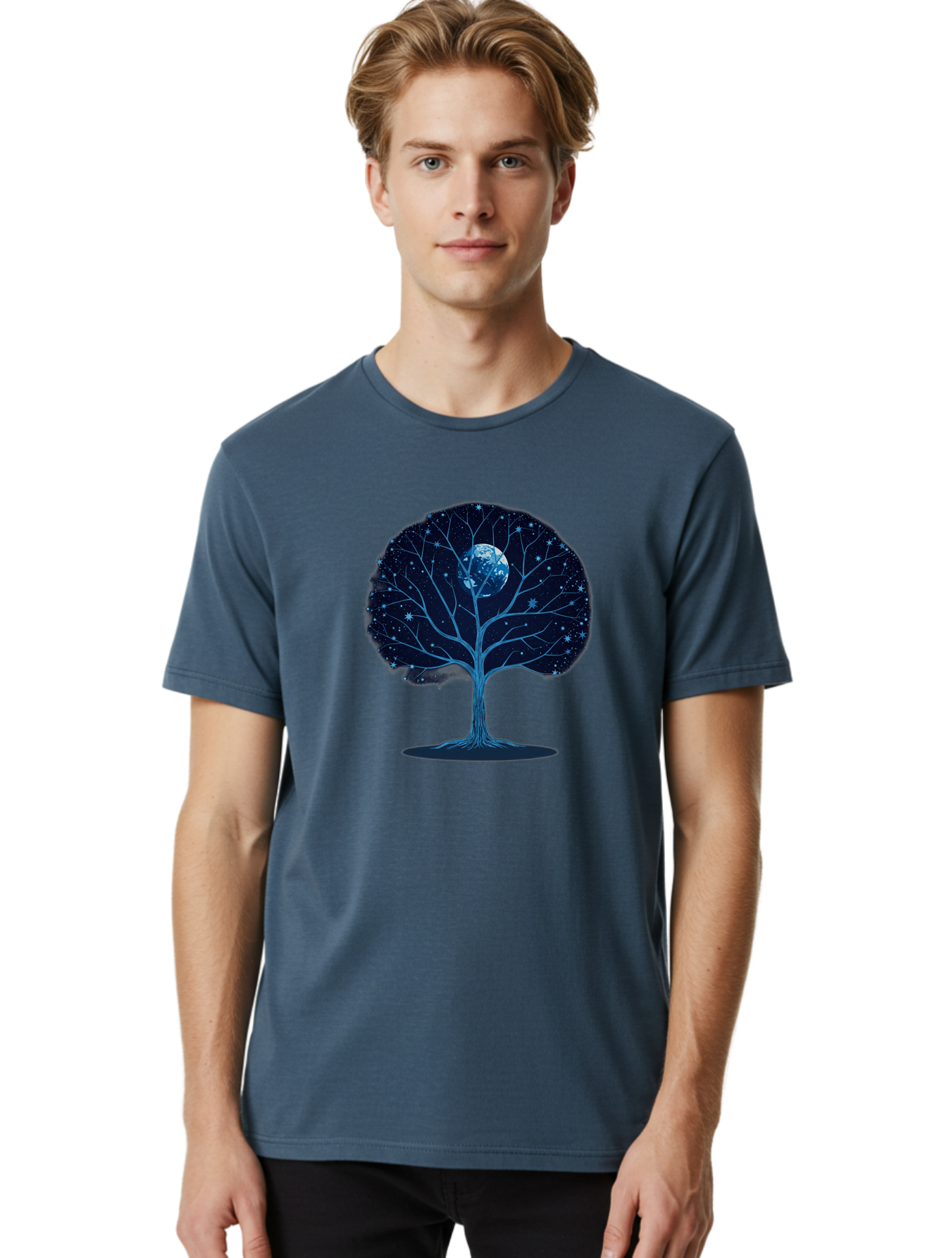 Tree-With-Moon Men'S Graphic Tee, 100% Cotton, Comfortable Casual Summer Wear, Machine Washable, Tree With Bare Branches, Full Moon In The Canopy, Night Sky, Starry Background, Spiritual Symbolism, Mystic Atmosphere, Celestial Body, Bab551 18