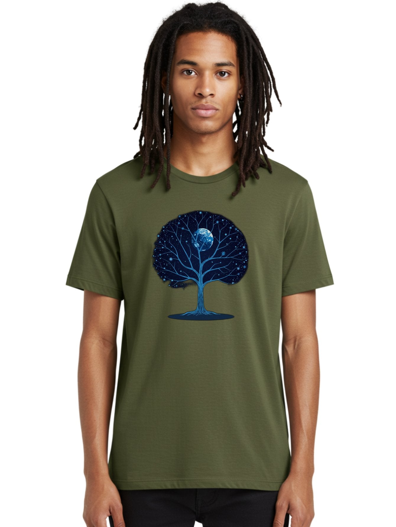 Tree-With-Moon Men'S Graphic Tee, 100% Cotton, Comfortable Casual Summer Wear, Machine Washable, Tree With Bare Branches, Full Moon In The Canopy, Night Sky, Starry Background, Spiritual Symbolism, Mystic Atmosphere, Celestial Body, Bab551 29