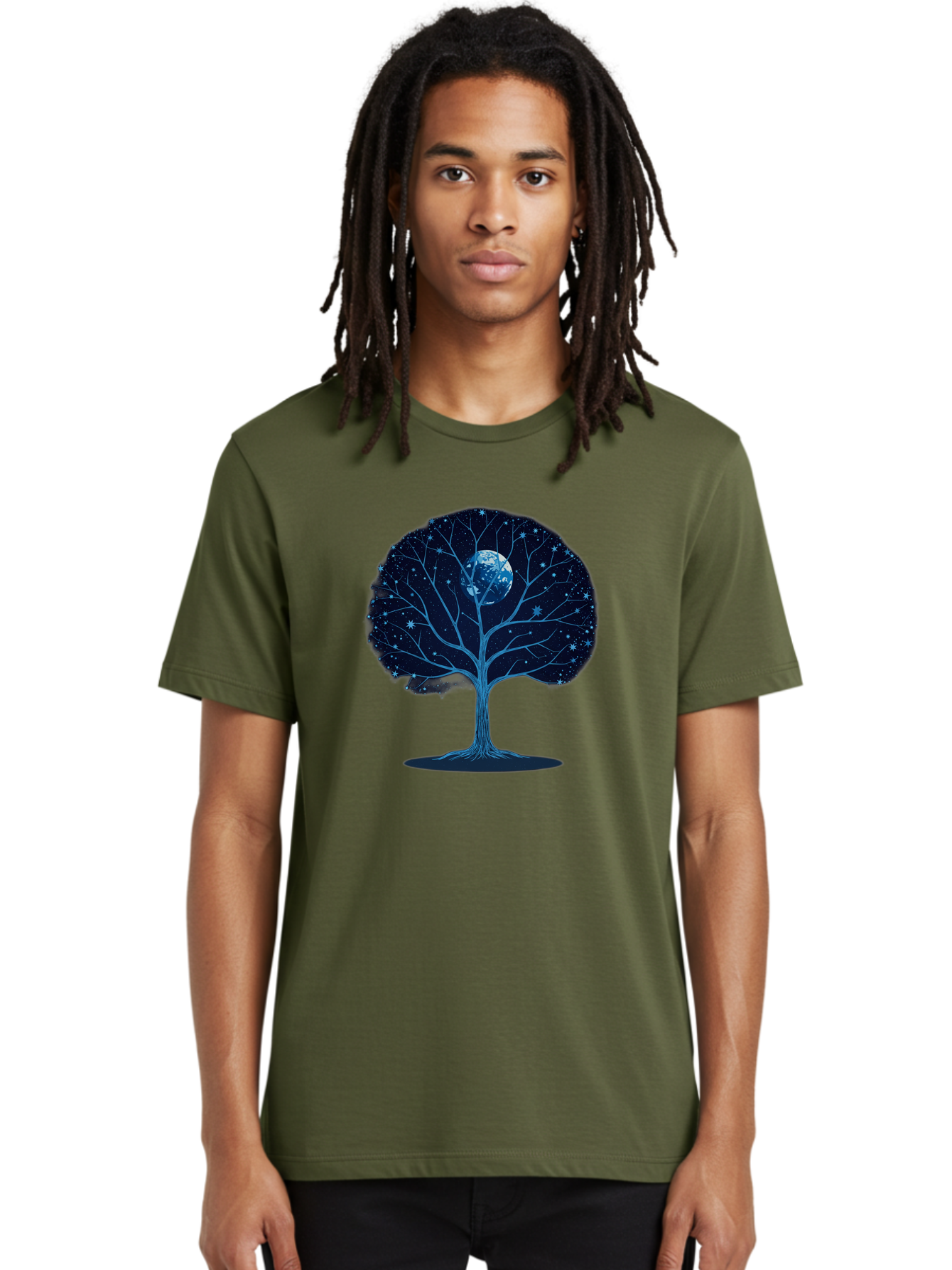 Tree-With-Moon Men'S Graphic Tee, 100% Cotton, Comfortable Casual Summer Wear, Machine Washable, Tree With Bare Branches, Full Moon In The Canopy, Night Sky, Starry Background, Spiritual Symbolism, Mystic Atmosphere, Celestial Body, Bab551 17