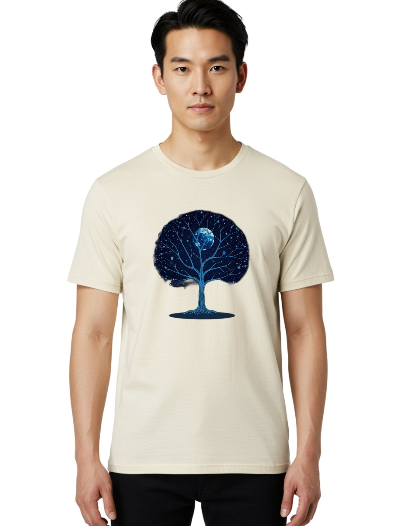 Tree-With-Moon Men'S Graphic Tee, 100% Cotton, Comfortable Casual Summer Wear, Machine Washable, Tree With Bare Branches, Full Moon In The Canopy, Night Sky, Starry Background, Spiritual Symbolism, Mystic Atmosphere, Celestial Body, Bab551 23