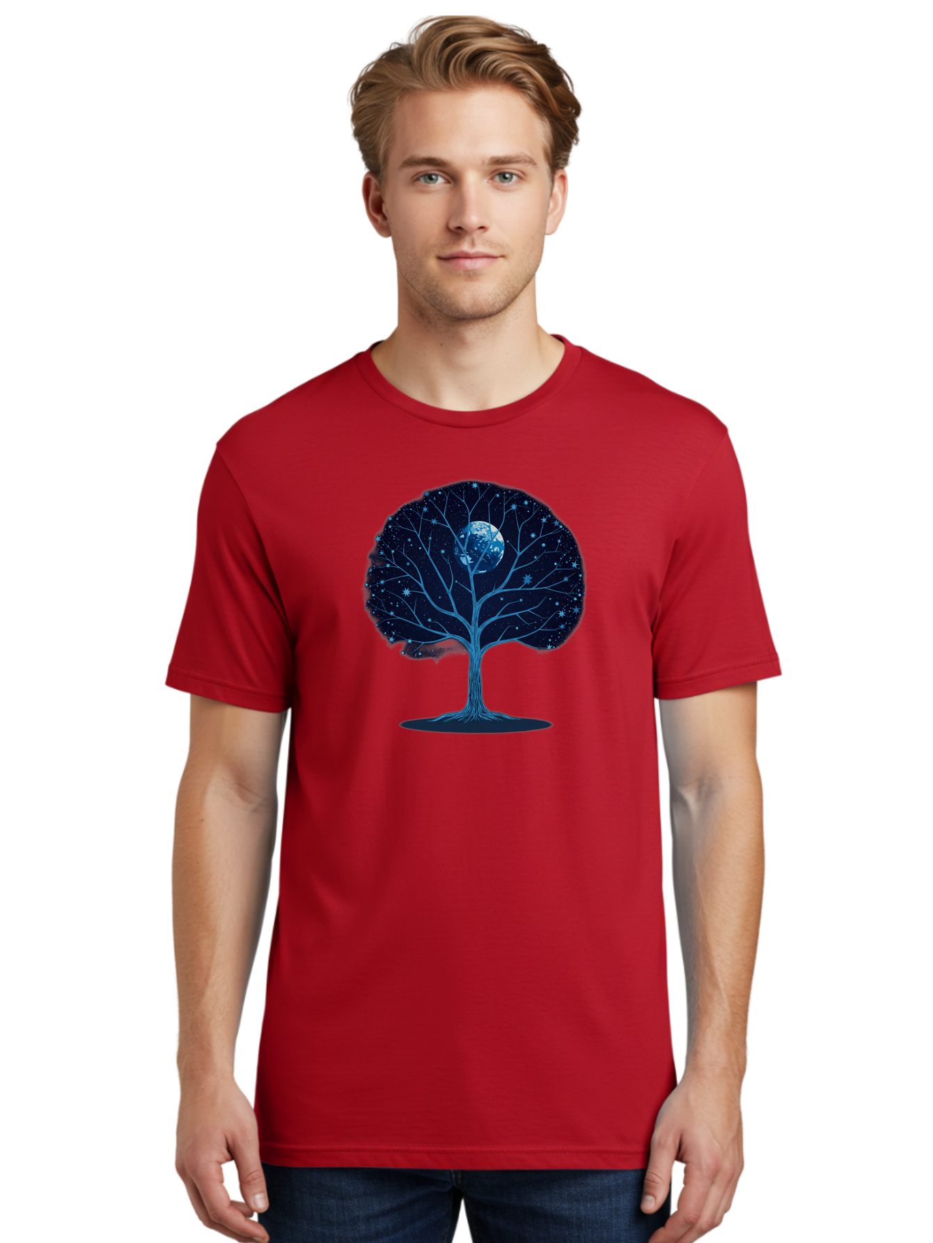 Tree-With-Moon Men'S Graphic Tee, 100% Cotton, Comfortable Casual Summer Wear, Machine Washable, Tree With Bare Branches, Full Moon In The Canopy, Night Sky, Starry Background, Spiritual Symbolism, Mystic Atmosphere, Celestial Body, Bab551 20