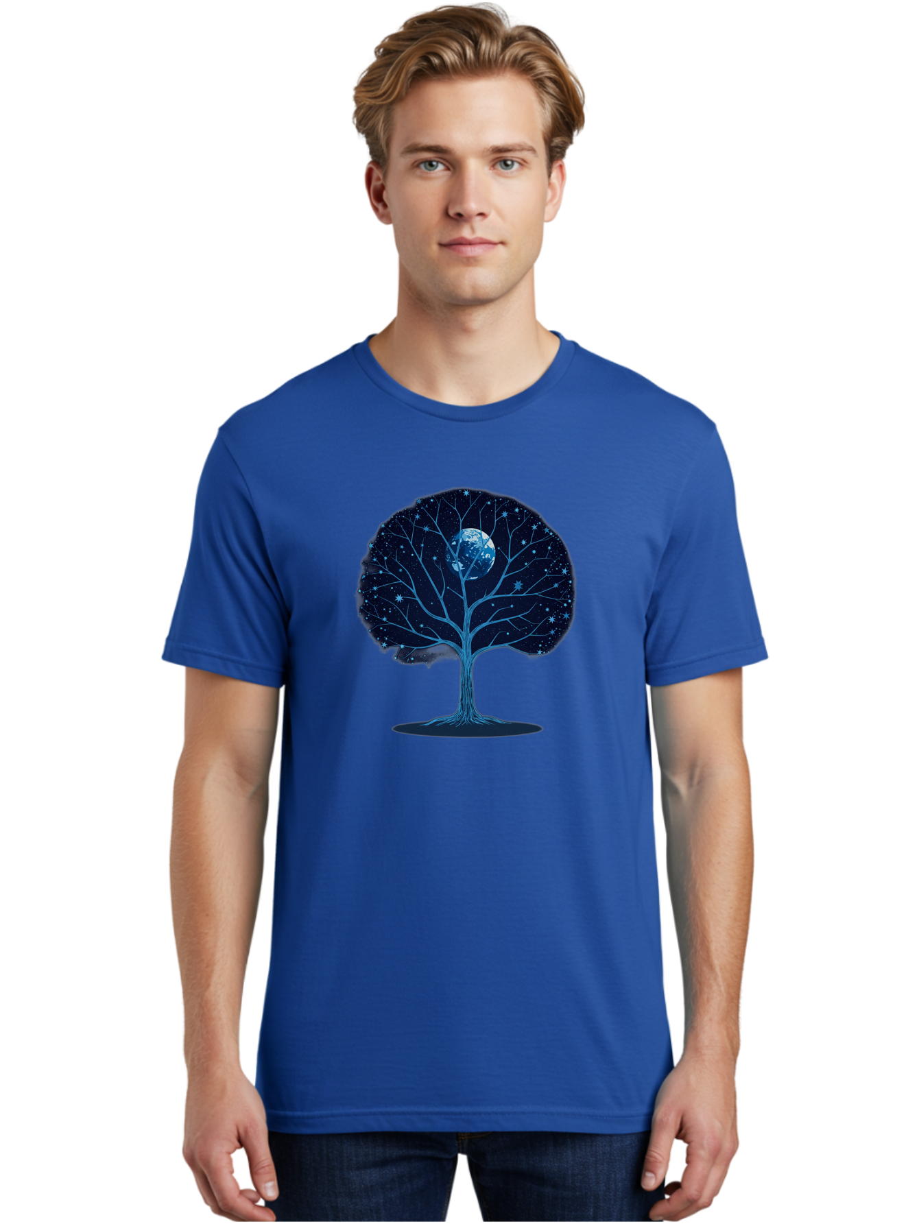 Tree-With-Moon Men'S Graphic Tee, 100% Cotton, Comfortable Casual Summer Wear, Machine Washable, Tree With Bare Branches, Full Moon In The Canopy, Night Sky, Starry Background, Spiritual Symbolism, Mystic Atmosphere, Celestial Body, Bab551 25